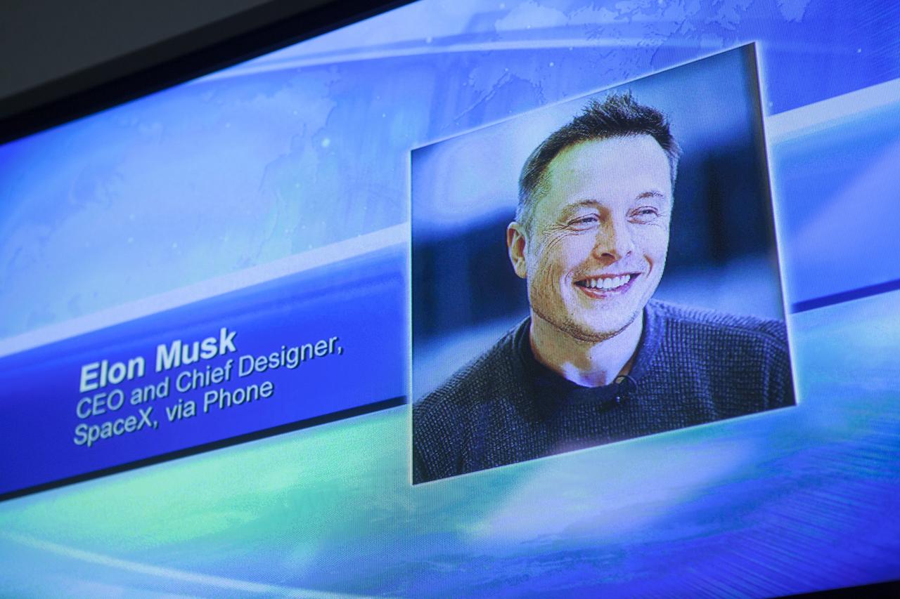 CAPE CANAVERAL, Fla. - An image of SpaceX CEO and chief designer Elon Musk is displayed in the NASA Press Site news auditorium at Kennedy Space Center in Florida during a SpaceX-3 post-launch news conference. Musk participated in the conference by telephone.    SpaceX-3 launched at 3:25 p.m. EDT aboard a Falcon 9 rocket carrying a Dragon capsule from Space Launch Complex 40 on Cape Canaveral Air Force Station. Dragon is making its fourth trip to the space station. The SpaceX-3 mission, carrying almost 2.5 tons of supplies, technology and science experiments, is the third of 12 flights through a $1.6 billion NASA Commercial Resupply Services contract. Dragon's cargo will support more than 150 experiments that will be conducted during the station's Expeditions 39 and 40.  For more information, visit http://www.nasa.gov/mission_pages/station/structure/launch/index.html.  Photo credit: NASA/Kim Shiflett