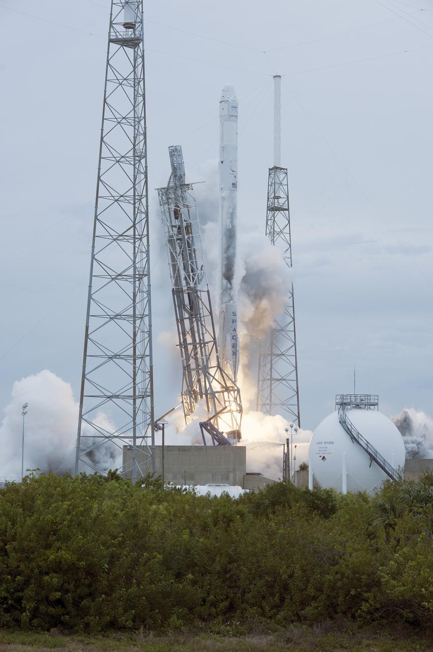 CAPE CANAVERAL, Fla. - The strongback structure at Space Launch Complex 40 on Cape Canaveral Air Force Station in Florida falls away from the Falcon 9 rocket for liftoff of the SpaceX-3 mission, delivering the Dragon resupply capsule to the International Space Station. Launch was during an instantaneous window at 3:25 p.m. EDT.      Dragon is making its fourth trip to the space station. The SpaceX-3 mission, carrying almost 2.5 tons of supplies, technology and science experiments, is the third of 12 flights through a $1.6 billion NASA Commercial Resupply Services contract. Dragon's cargo will support more than 150 experiments that will be conducted during the station's Expeditions 39 and 40.  For more information, visit http://www.nasa.gov/mission_pages/station/structure/launch/index.html.  Photo credit: NASA/Tony Gray and Tim Powers