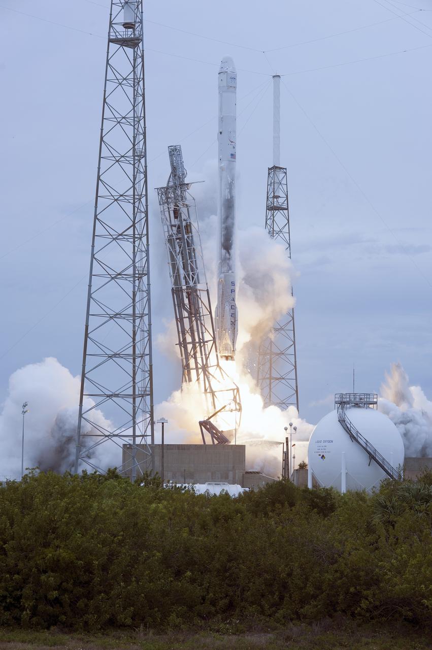 CAPE CANAVERAL, Fla. - Nine Merlin engines ignite under the first-stage of the SpaceX Falcon 9 rocket at Space Launch Complex 40 on Cape Canaveral Air Force Station in Florida, starting the Dragon resupply capsule on its way to the International Space Station on the SpaceX-3 mission. Launch was during an instantaneous window at 3:25 p.m. EDT.      Dragon is making its fourth trip to the space station. The SpaceX-3 mission, carrying almost 2.5 tons of supplies, technology and science experiments, is the third of 12 flights through a $1.6 billion NASA Commercial Resupply Services contract. Dragon's cargo will support more than 150 experiments that will be conducted during the station's Expeditions 39 and 40.  For more information, visit http://www.nasa.gov/mission_pages/station/structure/launch/index.html.  Photo credit: NASA/Tony Gray and Tim Powers