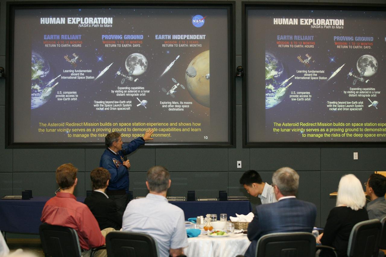 CAPE CANAVERAL, Fla. – At the Kennedy Space Center Visitor Complex in Florida, Bob Cabana, the center's director, shares NASA's vision of developing the capabilities needed to send humans to an asteroid by 2025 and Mars in the 2030s with students, teachers, parents and VIPs during the 2014 DuPont Challenge Science Essay Competition awards ceremony at the Operations and Support Building II. The challenge, now in its 28th year, reaches out to students from grades seven through 12 from all 50 states and Canada. More than 200,000 students entered the competition. The DuPont Challenge aims to inspire students to excel and achieve in scientific writing and pursue careers in science, technology, engineering and mathematics STEM. The challenge honors space shuttle Challenger's STS-51L crew members who gave their lives while furthering the cause of exploration and discovery. For more information on the challenge, go to http://thechallenge.dupont.com/sponsors/nasa.php.  Photo credit: NASA/Kim Shiflett