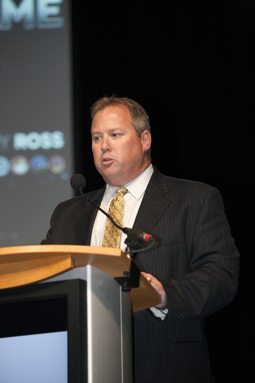 CAPE CANAVERAL, Fla. – Therrin Protze, chief operating officer of Delaware North Parks & Resorts at NASA's Kennedy Space Center Visitor Complex in Florida, speaks during the U.S. Astronaut Hall of Fame Induction ceremony. Space shuttle astronauts and space explorers Shannon Lucid and Jerry Ross were inducted into the Hall of Fame Class of 2014.    The 2014 inductees are selected by a committee of Hall of Fame astronauts, former NASA officials, flight directors, historians and journalists. The process is administered by the Astronaut Scholarship Foundation. To be eligible, an astronaut must have made his or her first flight at least 17 years before the induction. Candidates must be a U.S. citizen and a NASA-trained commander, pilot or mission specialist who has orbited the earth at least once. Including Lucid and Ross, 87 astronauts have been inducted into the AHOF.  Photo credit: NASA/Kim Shiflett