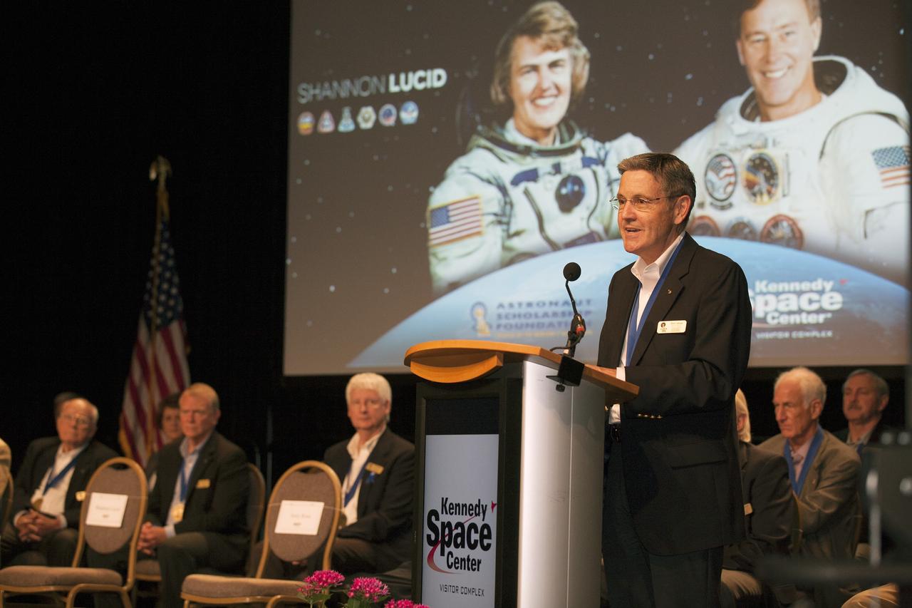 CAPE CANAVERAL, Fla. – Kennedy Space Center Director Bob Cabana speaks during the U.S. Astronaut Hall of Fame Induction ceremony inside the Space Shuttle Atlantis attraction at NASA's Kennedy Space Center Visitor Complex in Florida. Cabana was a former astronaut and previous Hall of Fame inductee. Space shuttle astronauts and space explorers Shannon Lucid and Jerry Ross were inducted into the Hall of Fame Class of 2014. The 2014 inductees were selected by a committee of Hall of Fame astronauts, former NASA officials, flight directors, historians and journalists. The process is administered by the Astronaut Scholarship Foundation. To be eligible, an astronaut must have made his or her first flight at least 17 years before the induction. Candidates must be a U.S. citizen and a NASA-trained commander, pilot or mission specialist who has orbited the earth at least once. Including Lucid and Ross, 87 astronauts have been inducted into the AHOF. Photo credit: NASA/Kim Shiflett