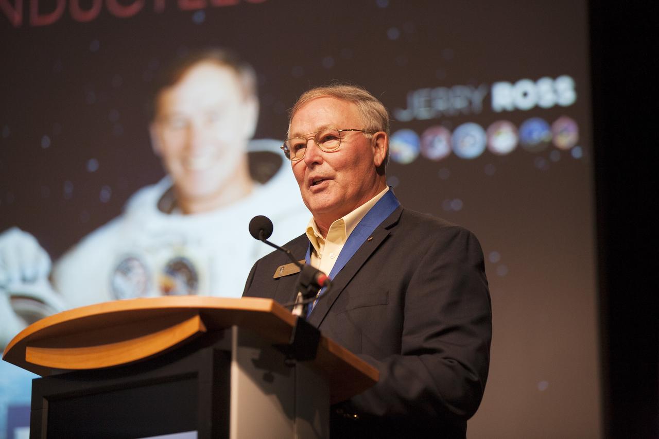 CAPE CANAVERAL, Fla. – Former space shuttle astronaut and space explorer Jerry Ross was inducted into the U.S. Astronaut Hall of Fame during a ceremony inside the Space Shuttle Atlantis attraction at NASA’s Kennedy Space Center Visitor Complex in Florida. Ross was an astronaut from 1979 to 2012. He was the first astronaut to break the world record for being the first human launched into space seven times. He flew on seven space shuttle missions, performed nine spacewalks and logged 58 days in space. The 2014 inductees were selected by a committee of Hall of Fame astronauts, former NASA officials, flight directors, historians and journalists. The process is administered by the Astronaut Scholarship Foundation. To be eligible, an astronaut must have made his or her first flight at least 17 years before the induction. Candidates must be a U.S. citizen and a NASA-trained commander, pilot or mission specialist who has orbited the earth at least once. Including Lucid and Ross, 87 astronauts have been inducted into the AHOF. Photo credit: NASA/Kim Shiflett