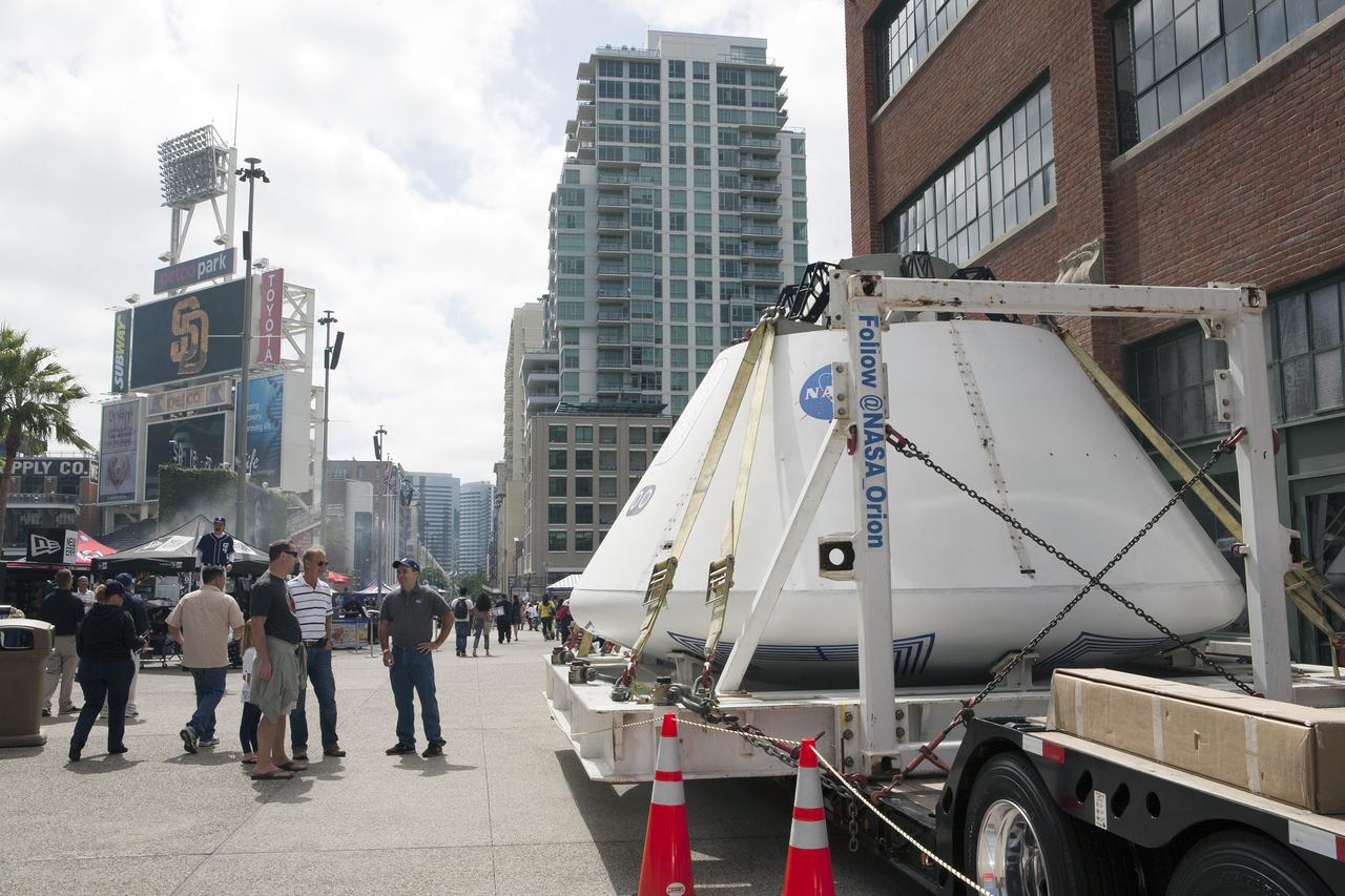 CAPE CANAVERAL, Fla. – The Orion boilerplate test vehicle is on display at Petco Park in San Diego, California, before the San Diego Padres' baseball game. The boilerplate test vehicle is being prepared for an Exploration Flight Test-1, or EFT-1, pre-transportation test. The Ground Systems Development and Operations Program will run the test at the U.S. Naval Base San Diego to simulate retrieval and transportation procedures for Orion after it splashes down in the ocean and is retrieved for return to land and ground transportation back to Kennedy Space Center in Florida.    Orion is the exploration spacecraft designed to carry astronauts to destinations not yet explored by humans, including an asteroid and Mars. It will have emergency abort capability, sustain the crew during space travel and provide safe re-entry from deep space return velocities. The first unpiloted test flight of the Orion is scheduled to launch later this year atop a Delta IV rocket and in 2017 on NASA’s Space Launch System rocket. For more information, visit http://www.nasa.gov/orion. Photo credit: NASA/Kim Shiflett