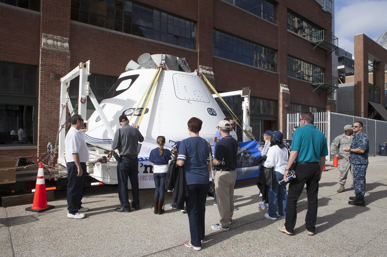 CAPE CANAVERAL, Fla. – The Orion boilerplate test vehicle is on display at Petco Park in San Diego, California, before the San Diego Padres' baseball game. The boilerplate test vehicle is being prepared for an Exploration Flight Test-1, or EFT-1, pre-transportation test. The Ground Systems Development and Operations Program will run the test at the U.S. Naval Base San Diego to simulate retrieval and transportation procedures for Orion after it splashes down in the ocean and is retrieved for return to land and ground transportation back to Kennedy Space Center in Florida.    Orion is the exploration spacecraft designed to carry astronauts to destinations not yet explored by humans, including an asteroid and Mars. It will have emergency abort capability, sustain the crew during space travel and provide safe re-entry from deep space return velocities. The first unpiloted test flight of the Orion is scheduled to launch later this year atop a Delta IV rocket and in 2017 on NASA’s Space Launch System rocket. For more information, visit http://www.nasa.gov/orion. Photo credit: NASA/Kim Shiflett