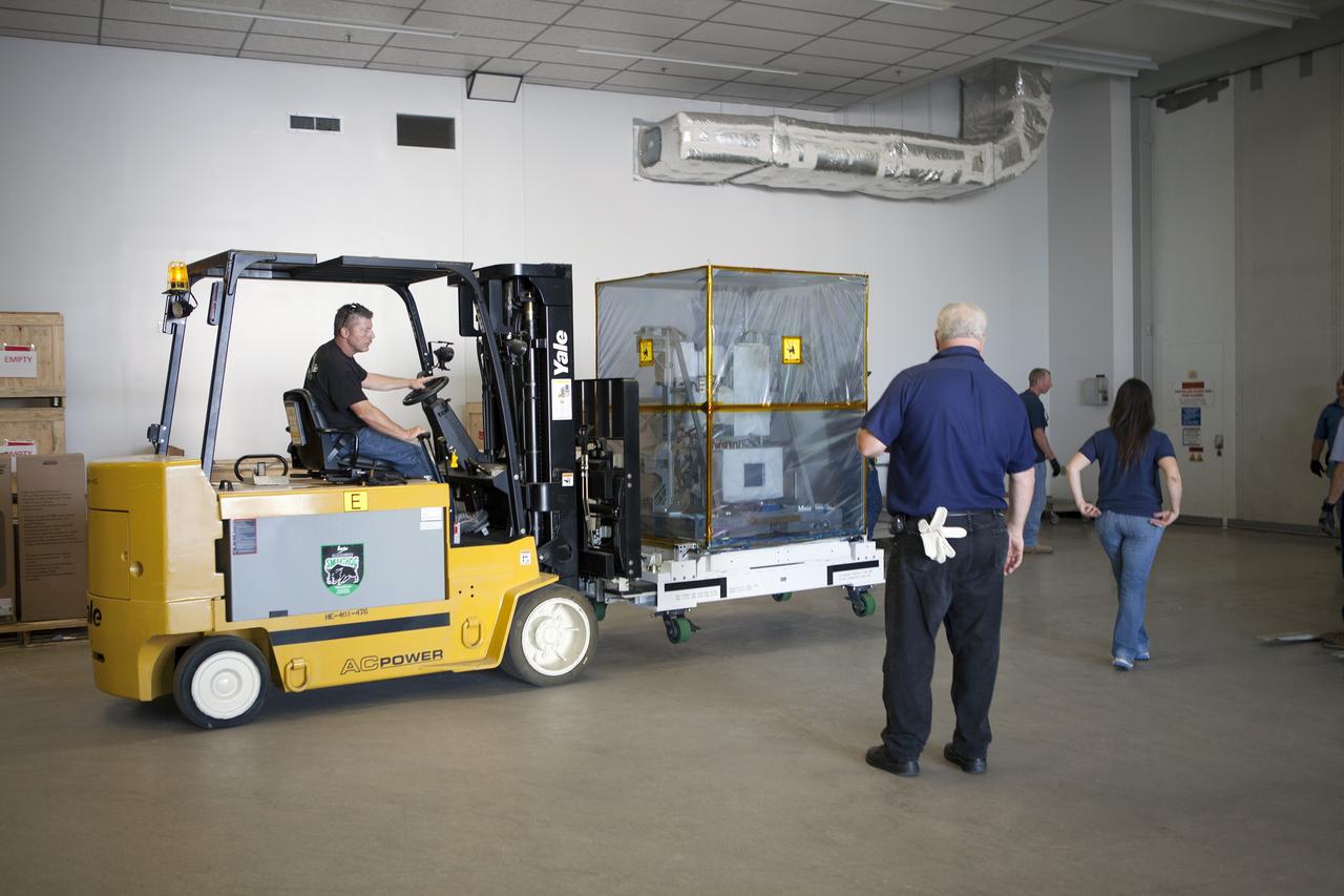 CAPE CANAVERAL, Fla. – NASA's International Space Station-RapidScat scatterometer instrument arrives at the Space Station Processing Facility at Kennedy Space Center in Florida. ISS-RapidScat is the first scientific Earth-observing instrument designed to operate from the exterior of the space station. It will measure Earth's ocean surface wind speed and direction, providing data to be used in weather and marine forecasting. Built at NASA's Jet Propulsion Laboratory, ISS-RapidScat is slated to fly on the SpaceX-4 commercial cargo resupply flight in 2014. For more information, visit http://www.jpl.nasa.gov/missions/iss-rapidscat. Photo credit: NASA/Dimitri Gerondidakis