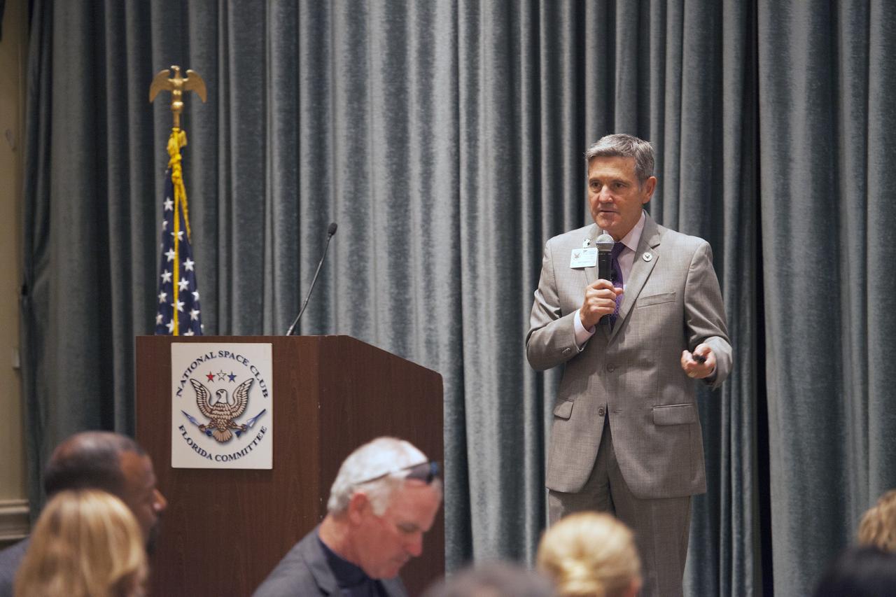CAPE CANAVERAL, Fla. – Kennedy Space Center Director Bob Cabana speaks to National Space Club-Florida Chapter, or NSCFC, members and guests at the Radisson Resort at the Port in Cape Canaveral, Florida. Cabana's presentation included an overview of the new strategic plan and efforts to transform the center into a multi-user spaceport of the future.    The NSCFC is a non-profit organization composed of representatives from the space industry, government, educational institutions, and private individuals who share a commitment to increasing public awareness of America's aerospace programs. Photo credit: Dimitri Gerondidakis