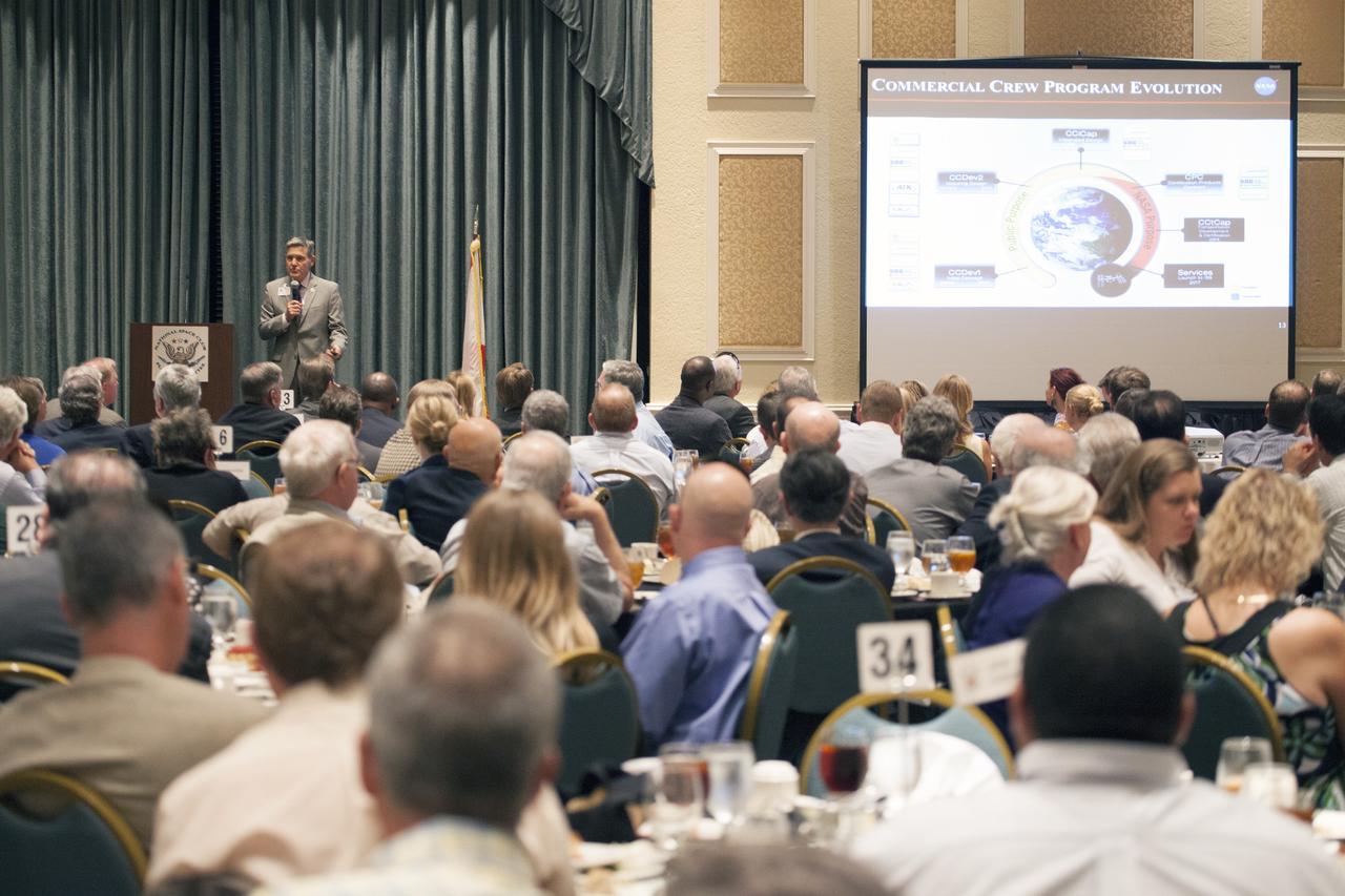 CAPE CANAVERAL, Fla. – Kennedy Space Center Director Bob Cabana speaks to National Space Club-Florida Chapter, or NSCFC, members and guests at the Radisson Resort at the Port in Cape Canaveral, Florida. Cabana's presentation included an overview of the new strategic plan and efforts to transform the center into a multi-user spaceport of the future.    The NSCFC is a non-profit organization composed of representatives from the space industry, government, educational institutions, and private individuals who share a commitment to increasing public awareness of America's aerospace programs. Photo credit: Dimitri Gerondidakis