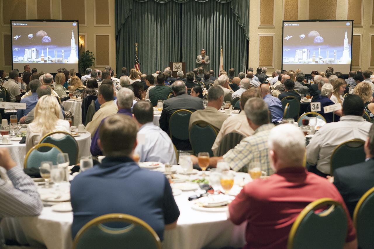 CAPE CANAVERAL, Fla. – Kennedy Space Center Director Bob Cabana speaks to National Space Club-Florida Chapter, or NSCFC, members and guests at the Radisson Resort at the Port in Cape Canaveral, Florida. Cabana's presentation included an overview of the new strategic plan and efforts to transform the center into a multi-user spaceport of the future.    The NSCFC is a non-profit organization composed of representatives from the space industry, government, educational institutions, and private individuals who share a commitment to increasing public awareness of America's aerospace programs. Photo credit: Dimitri Gerondidakis