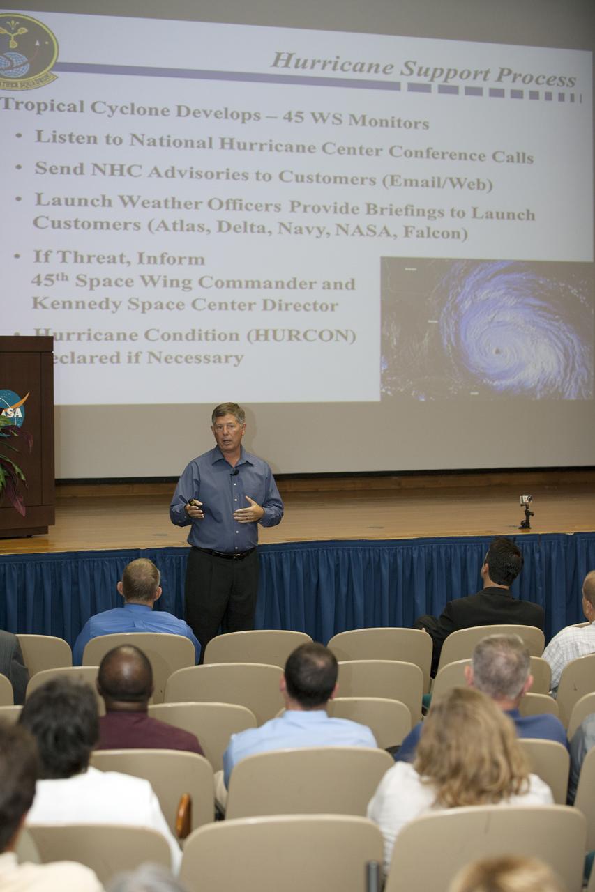 CAPE CANAVERAL, Fla. -- Todd McNamara, meteorologist with the 45th Weather Squadron at Patrick Air Force Base, explains the hurricane support process to the audience of the annual hurricane awareness briefing at NASA's Kennedy Space Center in Florida.    The briefing, held at the start of the 2014 hurricane season, is attended by the center's emergency hurricane coordinators and other interested employees in the KSC Training Auditorium. The briefing also is broadcast to the workforce.  For more information, visit http://www.patrick.af.mil/weather.  Photo credit: NASA/Kim Shiflett