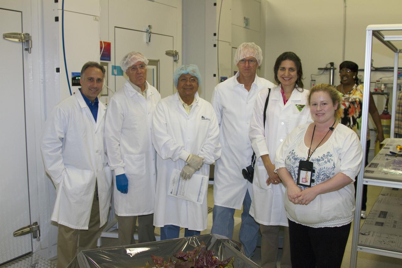 CAPE CANAVERAL, Fla. – The plant pillows containing the outredgeous red lettuce leaves have been removed from the Veggie plant growth system inside a control chamber at the Space Station Processing Facility at NASA's Kennedy Space Center in Florida. From left, are Trent Smith, NASA project manager in the ISS Ground Processing and Research Project Office, Chuck Spern, lead project engineer with QinetiQ North America on the Engineering Services Contract, George Guerra, quality control engineer with QinetiQ North America, Jim Smodell, a technician with SGT, Gioia Massa, NASA payload scientist for Veggie, and Nicole Dufour, NASA Engineering and Technology. The growth chamber was used as a control unit for Veggie and procedures were followed identical to those being performed on Veggie and the Veg-01 experiment on the International Space Station.     The chamber mimicked the temperature, relative humidity and carbon dioxide concentration of those in the Veggie unit on the space station. Veggie and Veg-01 were delivered to the space station aboard the SpaceX-3 mission. Veggie is the first fresh food production system delivered to the station. Six plant pillows, each containing outredgeous red romaine lettuce seeds and a root mat were inserted into Veggie. The plant chamber's red, blue and green LED lights were activated. The plant growth was monitored for 33 days. On June 10, at the end of the cycle, the plants were carefully harvested, frozen and stored for return to Earth by Expedition 39 flight engineer and NASA astronaut Steve Swanson. Photo credit: NASA/Frankie Martin