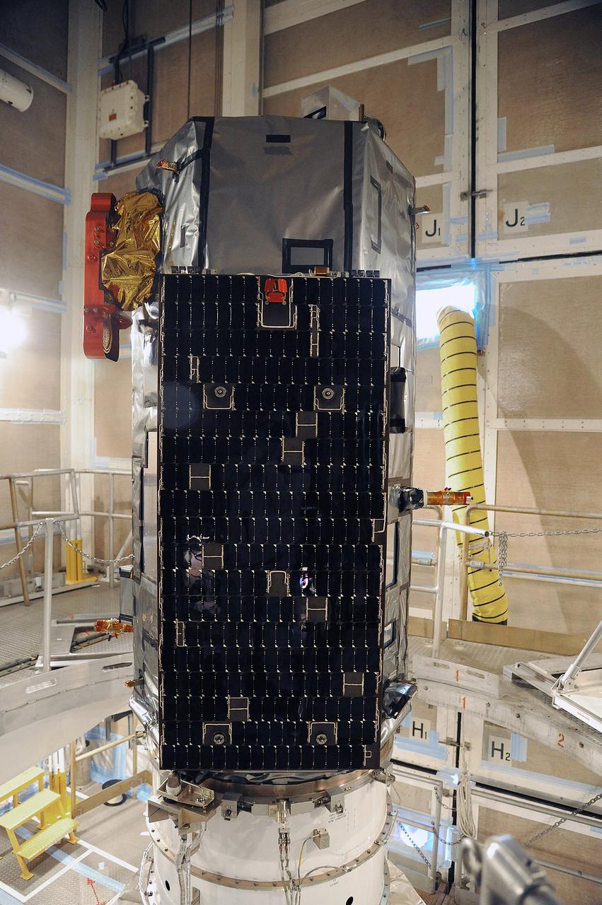 VANDENBERG AIR FORCE BASE, Calif. – NASA's Orbiting Carbon Observatory-2, or OCO-2, is in position in the mobile service tower at Space Launch Complex 2 on Vandenberg Air Force Base in California, ready for encapsulation into the Delta II payload fairing.    The fairing will protect OCO-2 during launch aboard a United Launch Alliance Delta II rocket, scheduled for 5:56 a.m. EDT on July 1.  OCO-2 is NASA’s first mission dedicated to studying atmospheric carbon dioxide, the leading human-produced greenhouse gas driving changes in Earth’s climate. OCO-2 will provide a new tool for understanding the human and natural sources of carbon dioxide emissions and the natural "sinks" that absorb carbon dioxide and help control its buildup. The observatory will measure the global geographic distribution of these sources and sinks and study their changes over time. To learn more about OCO-2, visit http://oco.jpl.nasa.gov.  Photo credit: NASA/30th Space Wing, U.S. Air Force