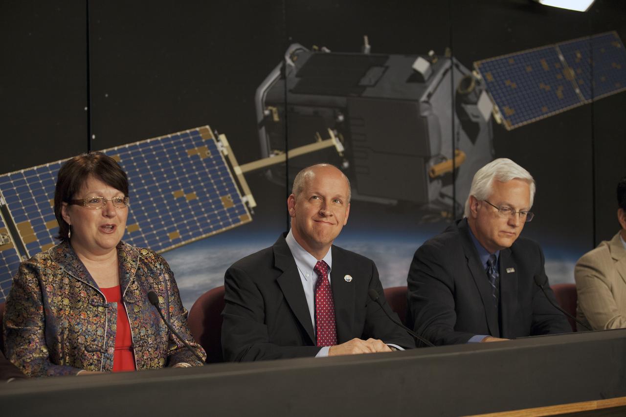 VANDENBERG AIR FORCE BASE, Calif. – From left, Betsy Edwards, Orbiting Carbon Observatory-2 project executive at NASA Headquarters Tim Dunn, launch manager for NASA's Launch Services Program and Vernon Thorp, United Launch Alliance program manager for NASA Missions, participate in a prelaunch news conference at Vandenberg Air Force Base in California prior to the launch of the observatory, or OCO-2.    Launch aboard a United Launch Alliance Delta II rocket from Space Launch Complex 2 is scheduled for 5:56 a.m. EDT on July 1.  OCO-2 is NASA’s first mission dedicated to studying atmospheric carbon dioxide, the leading human-produced greenhouse gas driving changes in Earth’s climate. OCO-2 will provide a new tool for understanding the human and natural sources of carbon dioxide emissions and the natural "sinks" that absorb carbon dioxide and help control its buildup. The observatory will measure the global geographic distribution of these sources and sinks and study their changes over time. To learn more about OCO-2, visit http://www.nasa.gov/oco2.  Photo credit: NASA/Kim Shiflett