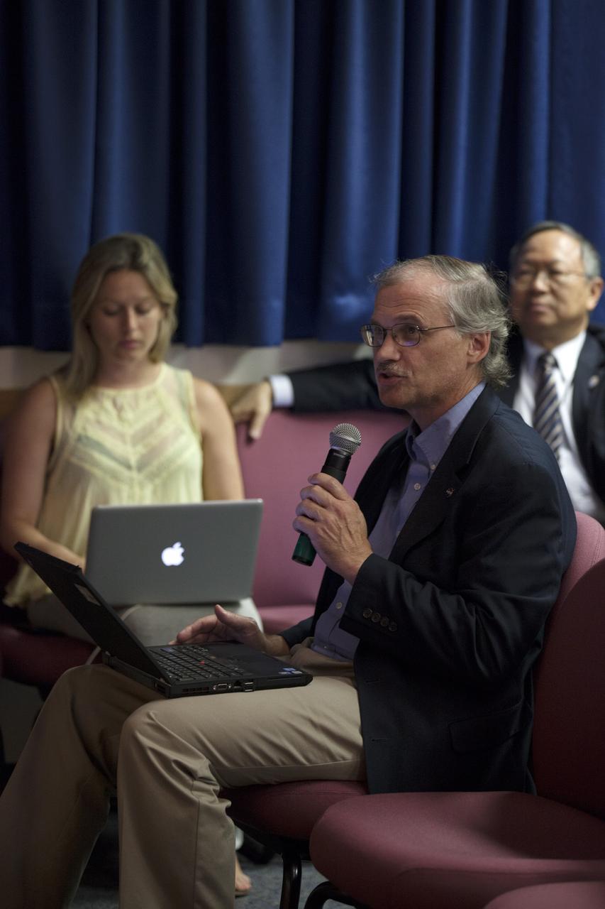 VANDENBERG AIR FORCE BASE, Calif. – A representative of the news media asks a question at a prelaunch news conference at Vandenberg Air Force Base in California prior to the launch of NASA's Orbiting Carbon Observatory-2, or OCO-2. Participating in the news conference are Betsy Edwards, OCO-2 project executive at NASA Headquarters Tim Dunn, launch manager for NASA's Launch Services Program Vernon Thorp, United Launch Alliance program manager for NASA Missions and Ralph Basilio, OCO-2 project manager at NASA's Jet Propulsion Laboratory. Launch aboard a United Launch Alliance Delta II rocket from Space Launch Complex 2 is scheduled for 5:56 a.m. EDT on July 1. OCO-2 is NASA’s first mission dedicated to studying atmospheric carbon dioxide, the leading human-produced greenhouse gas driving changes in Earth’s climate. OCO-2 will provide a new tool for understanding the human and natural sources of carbon dioxide emissions and the natural "sinks" that absorb carbon dioxide and help control its buildup. The observatory will measure the global geographic distribution of these sources and sinks and study their changes over time. To learn more about OCO-2, visit http://www.nasa.gov/oco2. Photo credit: NASA/Kim Shiflett