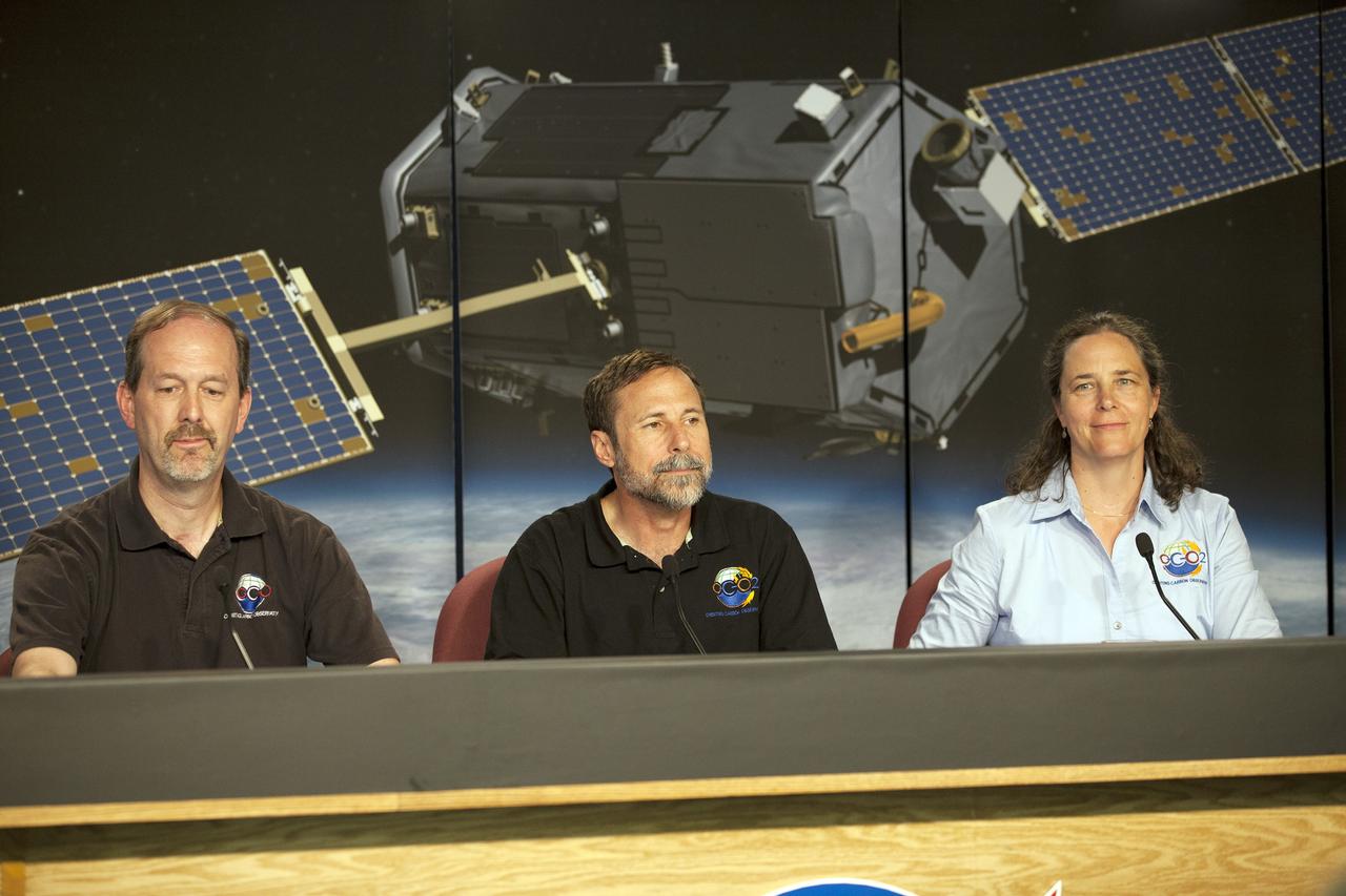 VANDENBERG AIR FORCE BASE, Calif. – From left, Ken Jucks, Orbiting Carbon Observatory-2, or OCO-2, project executive at NASA Headquarters David Crisp, OCO-2 science team leader at NASA's Jet Propulsion Laboratory, or JPL and Annmarie Eldering, OCO-2 deputy project scientist at JPL, participate in a mission science briefing at Vandenberg Air Force Base in California prior to the launch of the observatory.    Launch aboard a United Launch Alliance Delta II rocket from Space Launch Complex 2 is scheduled for 5:56 a.m. EDT on July 1.  OCO-2 is NASA’s first mission dedicated to studying atmospheric carbon dioxide, the leading human-produced greenhouse gas driving changes in Earth’s climate. OCO-2 will provide a new tool for understanding the human and natural sources of carbon dioxide emissions and the natural "sinks" that absorb carbon dioxide and help control its buildup. The observatory will measure the global geographic distribution of these sources and sinks and study their changes over time. To learn more about OCO-2, visit http://www.nasa.gov/oco2.  Photo credit: NASA/Kim Shiflett