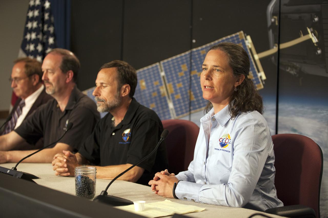 VANDENBERG AIR FORCE BASE, Calif. – From left, George Diller, NASA Public Affairs Ken Jucks, Orbiting Carbon Observatory-2, or OCO-2, project executive at NASA Headquarters David Crisp, OCO-2 science team leader at NASA's Jet Propulsion Laboratory, or JPL and Annmarie Eldering, OCO-2 deputy project scientist at JPL, participate in a mission science briefing at Vandenberg Air Force Base in California prior to the launch of the observatory.    Launch aboard a United Launch Alliance Delta II rocket from Space Launch Complex 2 is scheduled for 5:56 a.m. EDT on July 1.  OCO-2 is NASA’s first mission dedicated to studying atmospheric carbon dioxide, the leading human-produced greenhouse gas driving changes in Earth’s climate. OCO-2 will provide a new tool for understanding the human and natural sources of carbon dioxide emissions and the natural "sinks" that absorb carbon dioxide and help control its buildup. The observatory will measure the global geographic distribution of these sources and sinks and study their changes over time. To learn more about OCO-2, visit http://www.nasa.gov/oco2.  Photo credit: NASA/Kim Shiflett