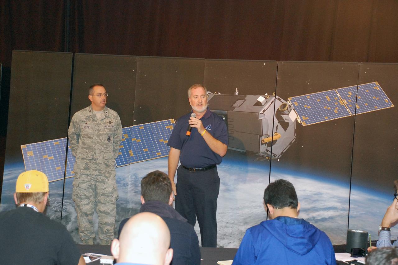 VANDENBERG AIR FORCE BASE, Calif. – Col. Keith Balts, 30th Space Wing commander at Vandenberg Air Force Base in California, and Michael "Mic" Woltman, senior vehicle systems engineer for the Launch Services Program at NASA's Kennedy Space Center in Florida, discuss the upcoming launch of NASA's Orbiting Carbon Observatory-2, or OCO-2, with representatives of social media outlets attending a NASA Social at Vandenberg.    Launch of OCO-2 aboard a United Launch Alliance Delta II rocket from Space Launch Complex 2 is scheduled for 5:56 a.m. EDT on July 1. The social media users selected to attend the two-day event on June 30 and July 1 are given the same access as news media in an effort to align their experience with those of traditional media.  OCO-2 is NASA’s first mission dedicated to studying atmospheric carbon dioxide, the leading human-produced greenhouse gas driving changes in Earth’s climate. OCO-2 will provide a new tool for understanding the human and natural sources of carbon dioxide emissions and the natural "sinks" that absorb carbon dioxide and help control its buildup. The observatory will measure the global geographic distribution of these sources and sinks and study their changes over time. To learn more about OCO-2, visit http://www.nasa.gov/oco2.  Photo credit: NASA/Ben Smegelsky