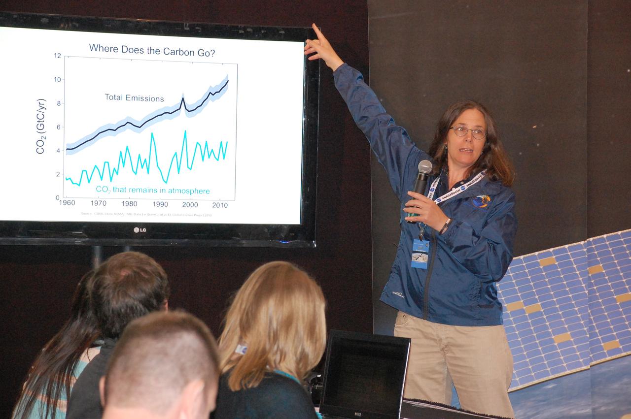 VANDENBERG AIR FORCE BASE, Calif. – Annmarie Eldering, Orbiting Carbon Observatory-2 deputy project scientist at NASA's Jet Propulsion Laboratory, discusses the observatory, or OCO-2, with representatives of social media outlets attending a NASA Social at Vandenberg Air Force Base in California. Launch of OCO-2 aboard a United Launch Alliance Delta II rocket from Space Launch Complex 2 is scheduled for 5:56 a.m. EDT on July 1. The social media users selected to attend the two-day event on June 30 and July 1 are given the same access as news media in an effort to align their experience with those of traditional media. OCO-2 is NASA’s first mission dedicated to studying atmospheric carbon dioxide, the leading human-produced greenhouse gas driving changes in Earth’s climate. OCO-2 will provide a new tool for understanding the human and natural sources of carbon dioxide emissions and the natural "sinks" that absorb carbon dioxide and help control its buildup. The observatory will measure the global geographic distribution of these sources and sinks and study their changes over time. To learn more about OCO-2, visit http://www.nasa.gov/oco2. Photo credit: NASA/Ben Smegelsky