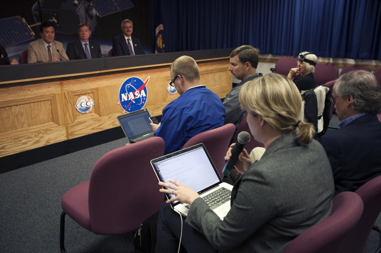 VANDENBERG AIR FORCE BASE, Calif. – Representatives of news and social media outlets participate in a post-launch news conference at Vandenberg Air Force Base in California following the successful launch of NASA's Orbiting Carbon Observatory-2, or OCO-2. On the dais, from left, are Ralph Basilio, OCO-2 project manager at NASA's Jet Propulsion Laboratory Mike Miller, senior vice president, Science and Environmental Satellite Programs, Orbital Sciences Space Systems Group and Geoff Yoder, deputy associate administrator for Programs, Science Mission Directorate, NASA Headquarters. Liftoff of OCO-2 from Space Launch Complex 2 aboard a United Launch Alliance Delta II rocket was on schedule at 5:56 a.m. EDT on July 2 following the repair of the pad's water suppression system, which failed on the first launch attempt July 1. OCO-2 is NASA’s first mission dedicated to studying atmospheric carbon dioxide, the leading human-produced greenhouse gas driving changes in Earth’s climate. OCO-2 will provide a new tool for understanding the human and natural sources of carbon dioxide emissions and the natural "sinks" that absorb carbon dioxide and help control its buildup. The observatory will measure the global geographic distribution of these sources and sinks and study their changes over time. To learn more about OCO-2, visit http://www.nasa.gov/oco2. Photo credit: NASA/Kim Shiflett