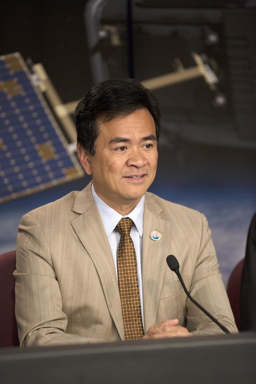 VANDENBERG AIR FORCE BASE, Calif. – Ralph Basilio, project manager for NASA's Orbiting Carbon Observatory-2, or OCO-2, from NASA's Jet Propulsion Laboratory participates in a post-launch news conference at Vandenberg Air Force Base in California following the successful launch of the satellite. Liftoff of OCO-2 from Space Launch Complex 2 aboard a United Launch Alliance Delta II rocket was on schedule at 5:56 a.m. EDT on July 2 following the repair of the pad's water suppression system, which failed on the first launch attempt July 1. OCO-2 is NASA’s first mission dedicated to studying atmospheric carbon dioxide, the leading human-produced greenhouse gas driving changes in Earth’s climate. OCO-2 will provide a new tool for understanding the human and natural sources of carbon dioxide emissions and the natural "sinks" that absorb carbon dioxide and help control its buildup. The observatory will measure the global geographic distribution of these sources and sinks and study their changes over time. To learn more about OCO-2, visit http://www.nasa.gov/oco2. Photo credit: NASA/Kim Shiflett