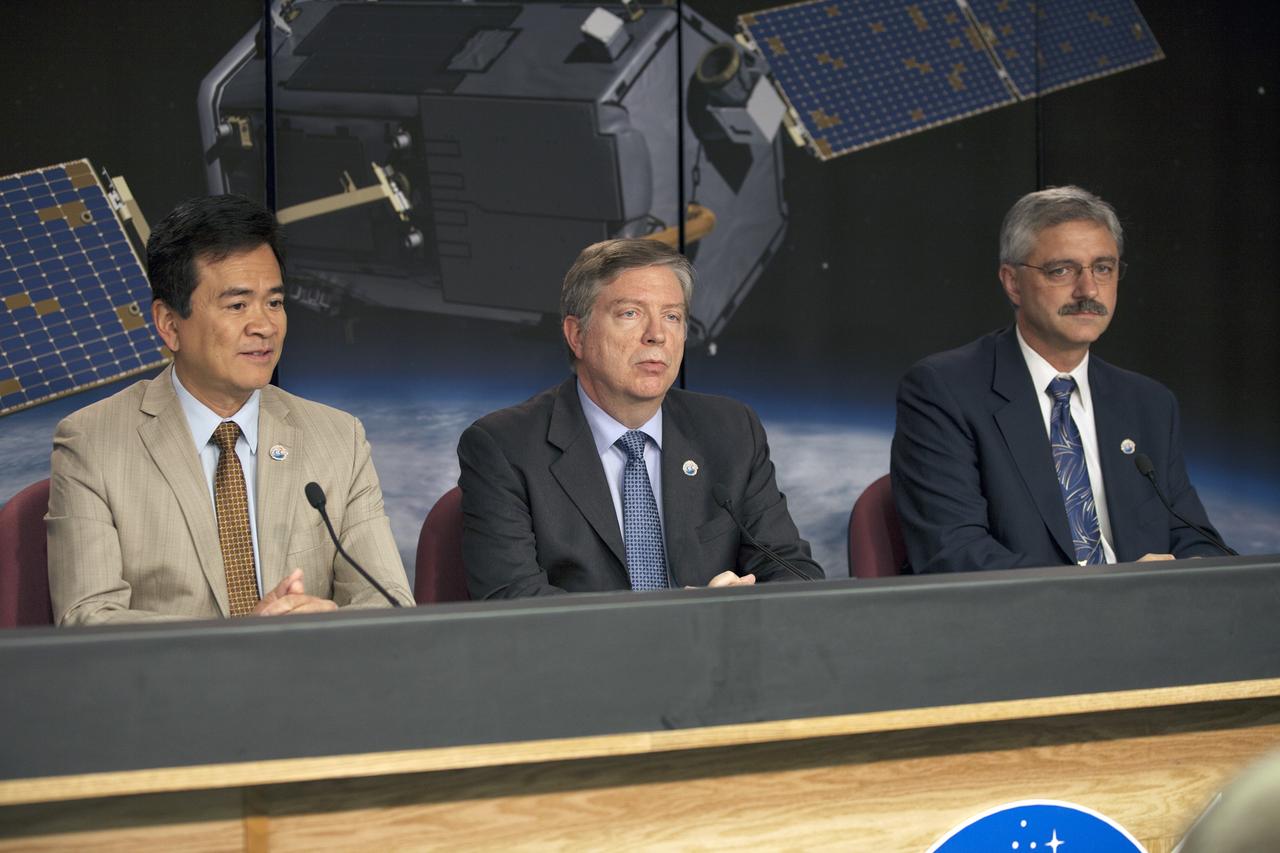 VANDENBERG AIR FORCE BASE, Calif. – A post-launch news conference is held at Vandenberg Air Force Base in California following the successful launch of NASA's Orbiting Carbon Observatory-2, or OCO-2. From left are Ralph Basilio, OCO-2 project manager at NASA's Jet Propulsion Laboratory Mike Miller, senior vice president, Science and Environmental Satellite Programs, Orbital Sciences Space Systems Group and Geoff Yoder, deputy associate administrator for Programs, Science Mission Directorate, NASA Headquarters.      Liftoff of OCO-2 from Space Launch Complex 2 aboard a United Launch Alliance Delta II rocket was on schedule at 5:56 a.m. EDT on July 2 following the repair of the pad's water suppression system, which failed on the first launch attempt July 1.  OCO-2 is NASA’s first mission dedicated to studying atmospheric carbon dioxide, the leading human-produced greenhouse gas driving changes in Earth’s climate. OCO-2 will provide a new tool for understanding the human and natural sources of carbon dioxide emissions and the natural "sinks" that absorb carbon dioxide and help control its buildup. The observatory will measure the global geographic distribution of these sources and sinks and study their changes over time. To learn more about OCO-2, visit http://www.nasa.gov/oco2.  Photo credit: NASA/Kim Shiflett