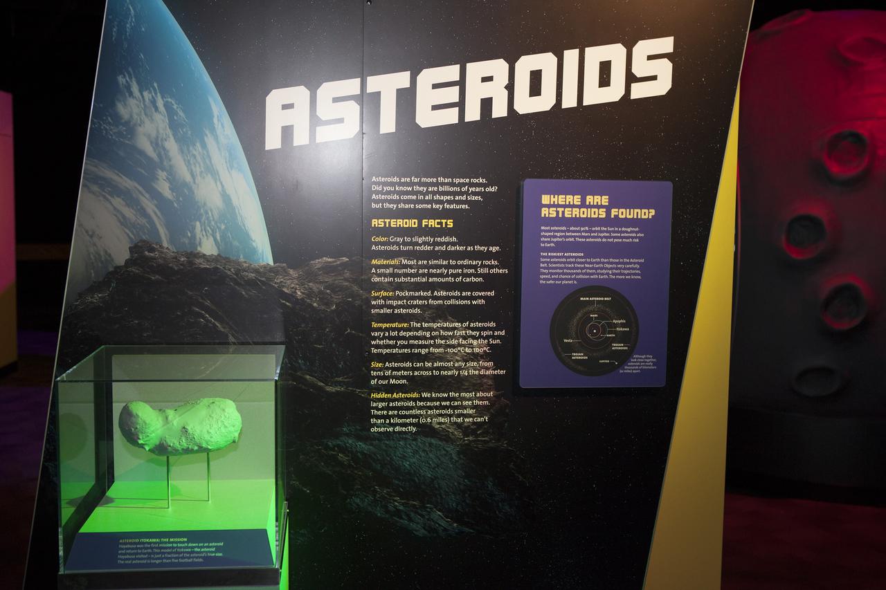 CAPE CANAVERAL, Fla. – A real asteroid is on display at the new Great Balls of Fire exhibit at NASA’s Kennedy Space Center Visitor Complex in Florida. The grand opening of the new attraction featured remarks by former NASA astronaut Tom Jones, and Therrin Protze, chief operating officer at Delaware North Parks and Resorts at the visitor complex.    Great Balls of Fire shares the story of the origins of our solar system, asteroids and comets and their possible impacts and risks. The 1,500-square-foot exhibit, located in the East Gallery of the IMAX theatre at the visitor complex, features several interactive displays, real meteorites and replica asteroid models. The exhibit is a production of The Space Science Institute's National Center for Interactive Learning. It is a traveling exhibition that also receives funding from NASA and the National Science Foundation. Photo credit: NASA/Daniel Casper