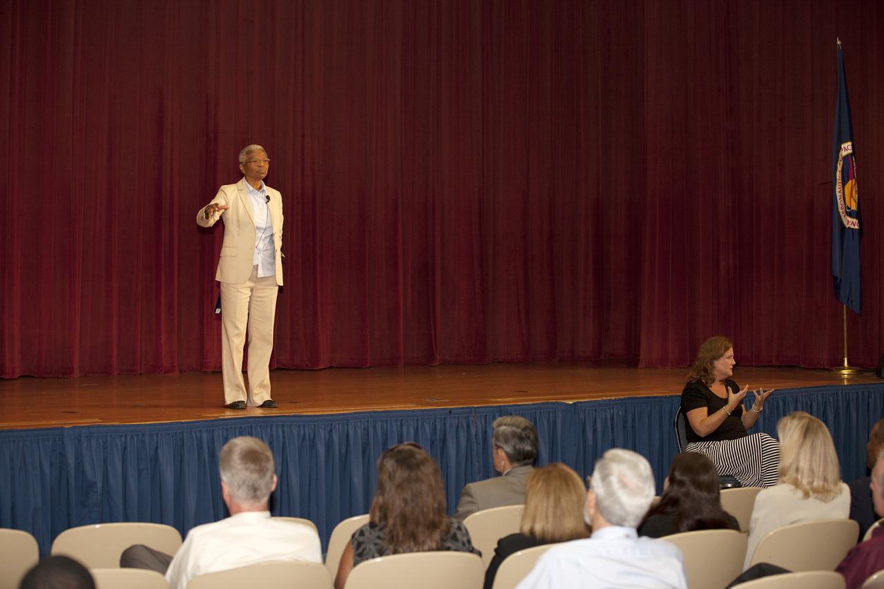 CAPE CANAVERAL, Fla. -- In the KSC Training Auditorium at NASA's Kennedy Space Center in Florida, Dr. Mary Frances Berry, on stage, addresses the audience gathered for a special event marking the 50th anniversary of the Civil Rights Act of 1964, supported by a sign-language interpreter.    Berry served as the assistant secretary for education in the U.S. Department of Health, Education and Welfare HEW between 1977 and 1980. From 1980 to 2004, she was a member of the U.S. Commission on Civil Rights, serving as chair from 1993 to 2004. Among Berry's many honors are the NAACP's Roy Wilkins Award, the Rosa Parks Award of the Southern Christian Leadership Conference, and the Ebony Magazine Black Achievement Award. She is one of 75 women featured in the book "I Dream a World: Portraits of Black Women Who Changed America." Sienna College Research Institute and the Women's Hall of Fame also designated her one of "America's Women of the Century."  The event was presented by Kennedy's Office of Diversity and Equal Opportunity. For more information about Kennedy Space Center, visit http://www.nasa.gov/kennedy. Photo credit: NASA/Kim Shiflett