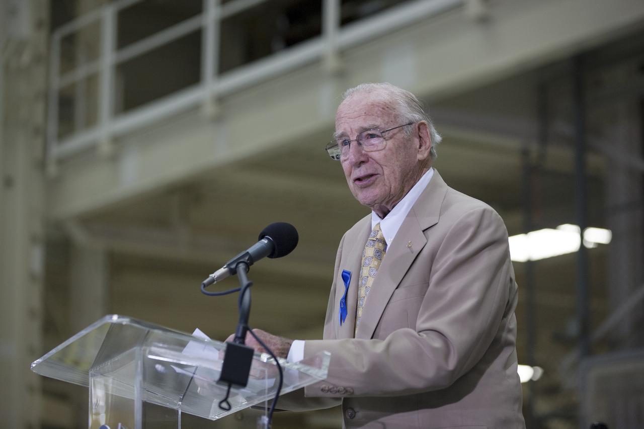 CAPE CANAVERAL, Fla. -- At the Kennedy Space Center in Florida, Apollo astronaut Jim Lovell addresses the audience at a ceremony renaming the refurbished Operations and Checkout Building for Apollo 11 astronaut Neil Armstrong, the first person to set foot on the moon. Lovell served on the crews of Apollo 8 and Apollo 13. The building's high bay is being used to support the agency's new Orion spacecraft and is the same spaceport facility where the Apollo 11 command/service module and lunar module were prepped for the first lunar landing mission in 1969. Orion is designed to take humans farther than they’ve ever gone before, serving as the exploration vehicle that will carry astronauts to deep space and sustain the crew during travel to destinations such as an asteroid or Mars.    The ceremony was part of NASA's 45th anniversary celebration of the Apollo 11 moon landing. As the world watched, Neil Armstrong and Buzz Aldrin landed in the moon's Sea of Tranquility on July 20, 1969, aboard the lunar module Eagle. Meanwhile, crewmate Michael Collins orbited above in the command module Columbia. For more, visit http://www.nasa.gov/press/2014/july/nasa-honors-historic-first-moon-landing-eyes-first-mars-mission. Photo credit: NASA/Kim Shiflett