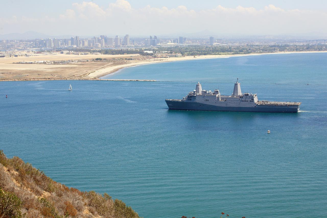 SAN DIEGO, Calif. – The USS Anchorage returns to Naval Base San Diego after completion of the Orion Underway Recovery Test 2 in the Pacific Ocean. NASA, Lockheed Martin and the U.S. Navy conducted the test on the Orion boilerplate test vehicle to prepare for recovery of the Orion crew module on its return from a deep space mission. The underway recovery test allowed the team to demonstrate and evaluate the recovery processes, procedures, new hardware and personnel in open waters.    The Ground Systems Development and Operations Program conducted the underway recovery test. Orion is the exploration spacecraft designed to carry astronauts to destinations not yet explored by humans, including an asteroid and Mars. It will have emergency abort capability, sustain the crew during space travel and provide safe re-entry from deep space return velocities. The first unpiloted test flight of the Orion is scheduled to launch in 2014 atop a Delta IV rocket and in 2017 on NASA’s Space Launch System rocket. For more information, visit http://www.nasa.gov/orion. Photo credit: NASA/Kim Shiflett