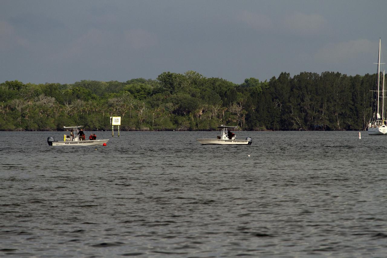 CAPE CANAVERAL, Fla. – Patrol boats from the Protective Services branch NASA's Kennedy Space Center in Florida operate in the Indian River Lagoon during a training exercise. The training session focused on safely entering the water, something the Emergency Response Team and security branch could be required to perform in certain situations at the center. Photo credit: NASA/ Dan Casper