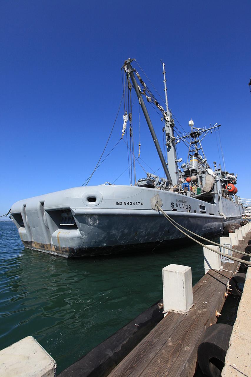 SAN DIEGO, Calif. – The USS Salvor, a safeguard-class rescue and salvage ship, is docked at Naval Base San Diego in California. Preparations are underway to load the Orion boilerplate test vehicle and associated hardware onto the ship for Underway Recovery Test 4A. The ship will head out to sea for four days to test crew module crane recovery operations. NASA, Lockheed Martin and the U.S. Navy are conducting the test to prepare for recovery of the Orion crew module on its return from a deep space mission. The underway recovery test will allow the teams to demonstrate and evaluate the recovery processes, procedures, new hardware and personnel in open waters. The Ground Systems Development and Operations Program is conducting the underway recovery test. Orion is the exploration spacecraft designed to carry astronauts to destinations not yet explored by humans, including an asteroid and Mars. It will have emergency abort capability, sustain the crew during space travel and provide safe re-entry from deep space return velocities. The first unpiloted test flight of the Orion is scheduled to launch in December 2014 atop a United Launch Alliance Delta IV rocket and in 2018 on NASA’s Space Launch System rocket. For more information, visit http://www.nasa.gov/orion. Photo credit: Kim Shiflett