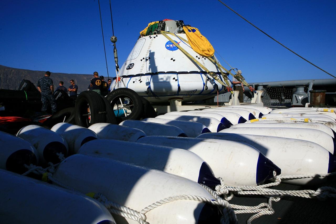 SAN DIEGO, Calif. – The USS Salvor, a safeguard-class rescue and salvage ship, heads out to the Pacific Ocean with the Orion boilerplate test vehicle, and associated hardware and equipment on board for Underway Recovery Test 4A. Crane recovery operations will be tested on Orion at sea for four days. NASA, Lockheed Martin and the U.S. Navy are conducting the test to prepare for recovery of the Orion crew module on its return from a deep space mission. The underway recovery test will allow the teams to demonstrate and evaluate the recovery processes, procedures, new hardware and personnel in open waters. The Ground Systems Development and Operations Program is conducting the underway recovery test. Orion is the exploration spacecraft designed to carry astronauts to destinations not yet explored by humans, including an asteroid and Mars. It will have emergency abort capability, sustain the crew during space travel and provide safe re-entry from deep space return velocities. The first unpiloted test flight of the Orion is scheduled to launch in December 2014 atop a United Launch Alliance Delta IV Heavy rocket and in 2018 on NASA’s Space Launch System rocket. For more information, visit http://www.nasa.gov/orion. Photo credit: Kim Shiflett