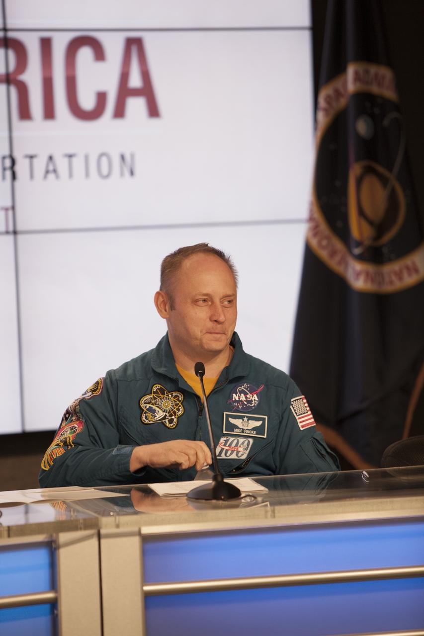 CAPE CANAVERAL, Fla. – Astronaut Mike Fincke, a former commander of the International Space Station, speaks during the Commercial Crew Transportation Capability CCtCap contract announcement ceremony. Speaking from Kennedy Space Center’s Press Site, Fincke detailed the importance of the development effort by the agency's Commercial Crew Program for station crew members, United States space exploration ambitions and the economic potential of creating new markets in space transportation for people. Boeing and SpaceX were awarded contracts to complete the design of the CST-100 and Crew Dragon spacecraft, respectively, and begin manufacturing for flight tests with a goal of achieving certification to take astronauts to the International Space Station by 2017. CCtCap also covers the beginning of operational missions for these new spacecraft and their systems. Photo credit: NASA/Jim Grossmann