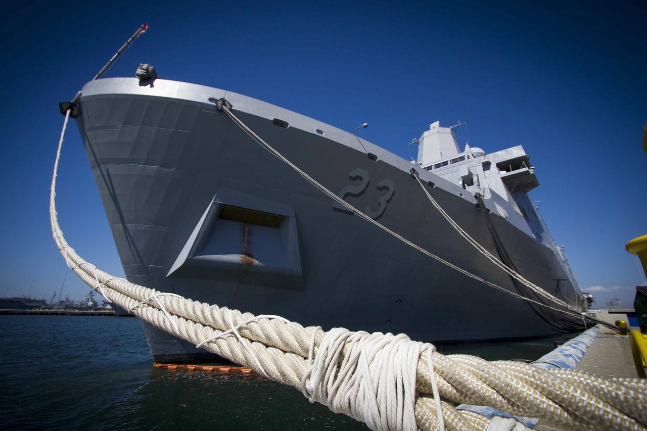 SAN DIEGO, Calif. – The USS Anchorage is docked at Naval Base San Diego during loading operations in its well deck for Orion Underway Recovery Test 3. The ship will head out to sea, off the coast of San Diego, in search of conditions to support test needs for a full dress rehearsal of recovery operations. NASA, Lockheed Martin and U.S. Navy personnel will conduct tests in the Pacific Ocean to prepare for recovery of the Orion crew module on its return from a deep space mission. The test will allow the teams to demonstrate and evaluate the recovery processes, procedures, new hardware and personnel in open waters.    The Ground Systems Development and Operations Program is conducting the underway recovery tests. Orion is the exploration spacecraft designed to carry astronauts to destinations not yet explored by humans, including an asteroid and Mars. It will have emergency abort capability, sustain the crew during space travel and provide safe re-entry from deep space return velocities. The first unpiloted test flight of Orion is scheduled to launch in 2014 atop a United Launch Alliance Delta IV Heavy rocket and in 2018 on NASA’s Space Launch System rocket. For more information, visit http://www.nasa.gov/orion. Photo credit: NASA/Cory Huston