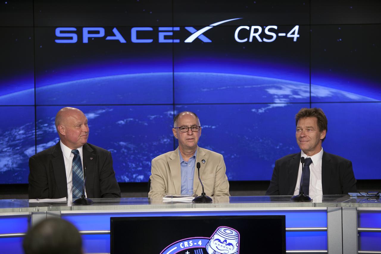 CAPE CANAVERAL, Fla. – NASA holds a post-launch media briefing following the successful launch of NASA's SpaceX CRS-4 mission to the International Space Station. From left are Michael Curie, moderator, NASA Public Affairs, Sam Scimemi, International Space Station Division director, NASA Human Exploration and Operation Mission Directorate, and Hans Koenigsmann, vice president of Mission Assurance, SpaceX. Liftoff was at 1:52 a.m. EDT.    The mission is the fourth of 12 SpaceX flights NASA contracted with the company to resupply the space station. It will be the fifth trip by a Dragon spacecraft to the orbiting laboratory. The spacecraft’s 2.5 tons of supplies, science experiments, and technology demonstrations include critical materials to support 255 science and research investigations that will occur during the station's Expeditions 41 and 42. To learn more about the mission, visit http://www.nasa.gov/mission_pages/station/structure/launch/index.html. Photo credit: NASA/Jim Grossmann