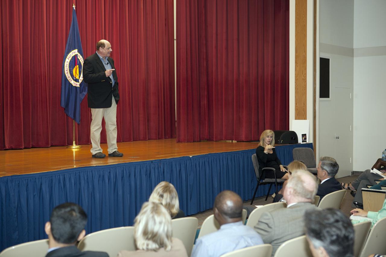 CAPE CANAVERAL, Fla. – Michael Kersjes, author and former special education teacher and football coach from Michigan, speaks to workers during the Disability Awareness and Action Working Group, or DAAWG, event at NASA's Kennedy Space Center in Florida. The theme of his presentation was "Power of the Human Spirit."    Kersjes is the author of the book, "A Smile as Big as the Moon," which told the true story of how he worked to get special education students into Space Camp, a competitive education program at the U.S. Space and Rocket Center in Huntsville, Alabama. His book was made into a movie in 2012. For information on Kennedy's diversity programs, visit http://odeo.ksc.nasa.gov. Photo credit: NASA/Kim Shiflett