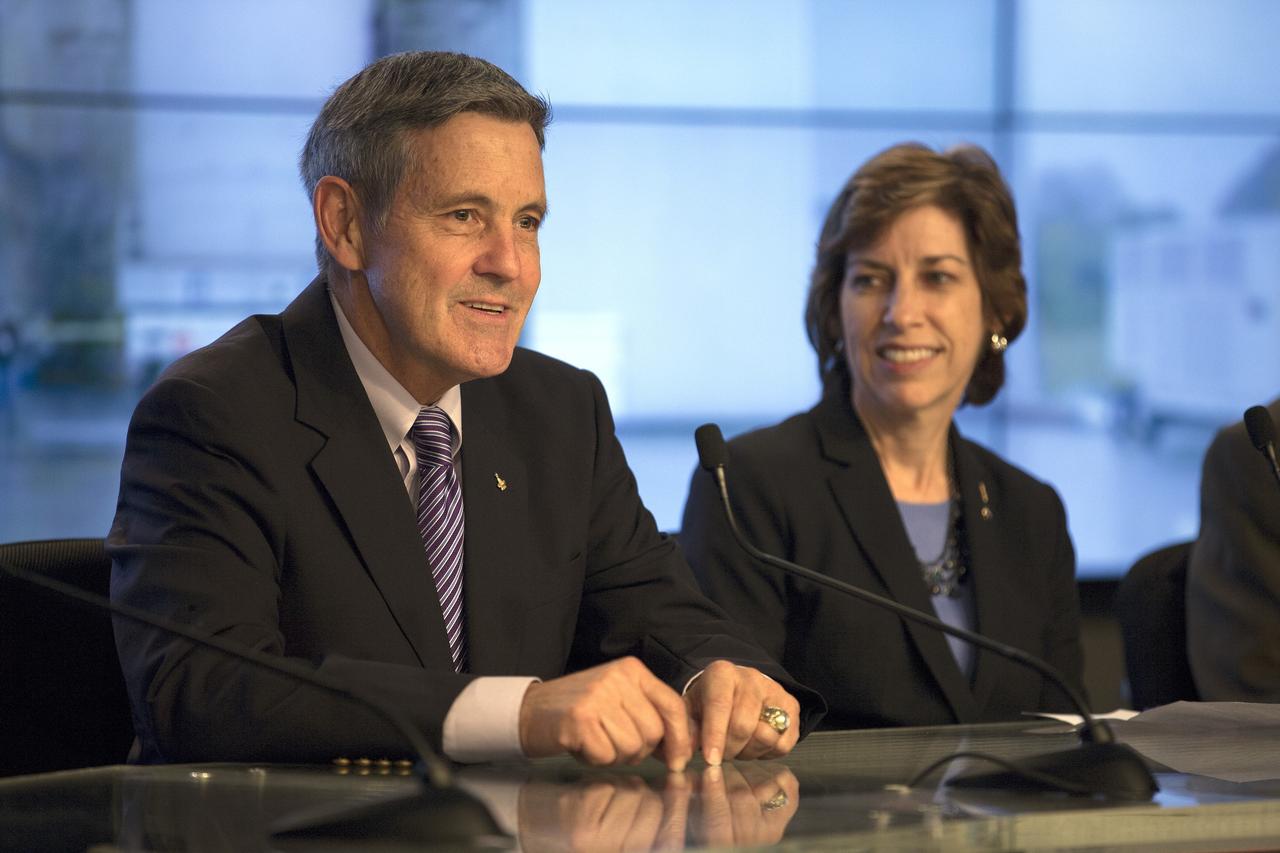 CAPE CANAVERAL, Fla. – In the Kennedy Space Center’s Press Site auditorium, Kennedy's director Bob Cabana and Johnson Space Center Director Ellen Ochoa spoke to members of the news media as the completed Orion spacecraft was being prepared for its trip from the Launch Abort System Facility to Launch Complex 37 at Cape Canaveral Air Force Station.      Orion is the exploration spacecraft designed to carry astronauts to destinations not yet explored by humans, including an asteroid and Mars. It will have emergency abort capability, sustain the crew during space travel and provide safe re-entry from deep space return velocities. The first unpiloted flight test of Orion is scheduled to launch Dec. 4, 2014 atop a United Launch Alliance Delta IV Heavy rocket, and in 2018 on NASA’s Space Launch System rocket. For more information, visit www.nasa.gov/orion Photo credit: NASA/Kim Shiflett