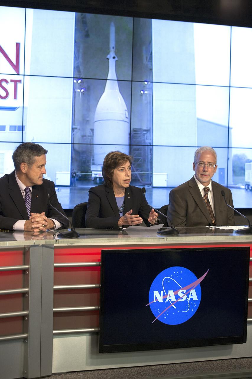 CAPE CANAVERAL, Fla. – In the Kennedy Space Center’s Press Site auditorium, agency leaders spoke to members of the news media as the completed Orion spacecraft was being prepared for its trip from the Launch Abort System Facility to Launch Complex 37 at Cape Canaveral Air Force Station. From left are: Kennedy Director Bob Cabana, Johnson Space Center Director Ellen Ochoa, and NASA Orion Program manager Mark Geyer.      Orion is the exploration spacecraft designed to carry astronauts to destinations not yet explored by humans, including an asteroid and Mars. It will have emergency abort capability, sustain the crew during space travel and provide safe re-entry from deep space return velocities. The first unpiloted flight test of Orion is scheduled to launch Dec. 4, 2014 atop a United Launch Alliance Delta IV Heavy rocket, and in 2018 on NASA’s Space Launch System rocket. For more information, visit www.nasa.gov/orion Photo credit: NASA/Kim Shiflett