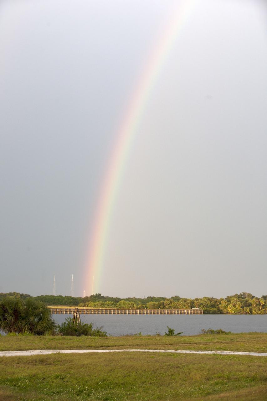 CAPE CANAVERAL, Fla. – As rain showers dissipate, a rainbow appeared over NASA's Kennedy Space Center's Launch Pad 39B. This is the site where the agency's Space Launch System will launch astronauts aboard the Orion spacecraft to deep-space destinations such as an asteroid and Mars.    For more information, visit http://www.nasa.gov/kennedy Photo credit: NASA/Kim Shiflett
