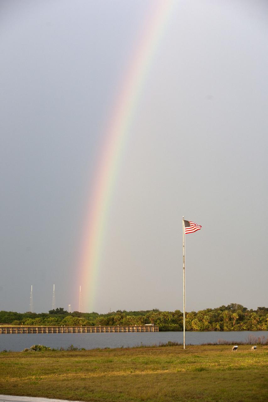 CAPE CANAVERAL, Fla. – As rain showers dissipate, a rainbow appeared over NASA's Kennedy Space Center's Launch Pad 39B. This is the site where the agency's Space Launch System will launch astronauts aboard the Orion spacecraft to deep-space destinations such as an asteroid and Mars.    For more information, visit http://www.nasa.gov/kennedy Photo credit: NASA/Kim Shiflett