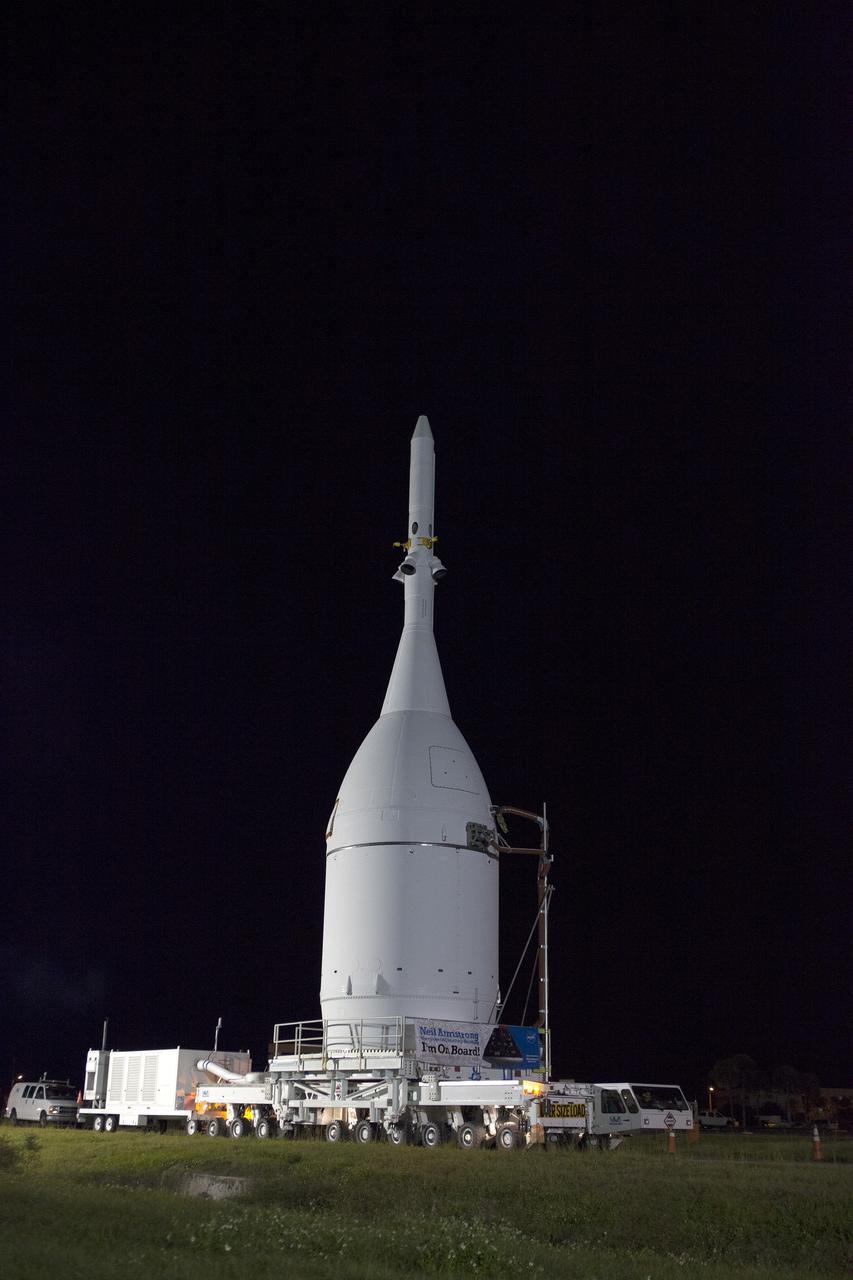 CAPE CANAVERAL, Fla. – At NASA's Kennedy Space Center in Florida, the agency's Orion is transported to Launch Complex 37 at Cape Canaveral Air Force Station. After arrival at the launch pad, United Launch Alliance engineers and technicians will lift Orion and mount it atop its Delta IV Heavy rocket.      Orion is the exploration spacecraft designed to carry astronauts to destinations not yet explored by humans, including an asteroid and Mars. It will have emergency abort capability, sustain the crew during space travel and provide safe re-entry from deep space return velocities. The first unpiloted flight test of Orion is scheduled to launch Dec. 4, 2014 atop a United Launch Alliance Delta IV Heavy rocket, and in 2018 on NASA’s Space Launch System rocket. For more information, visit www.nasa.gov/orion Photo credit: NASA/Frankie Martin