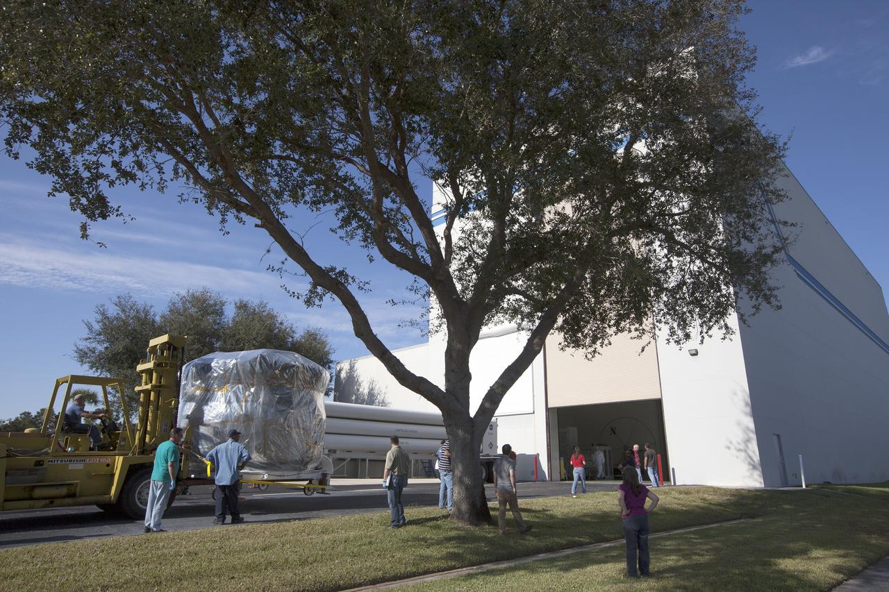 CAPE CANAVERAL, Fla. – Two Magnetospheric Multiscale, or MMS, spacecraft comprising the mission’s upper stack are transported to the airlock of Building 1 of the Astrotech payload processing facility in Titusville, Florida, near Kennedy Space Center. The two MMS spacecraft comprising the lower stack arrived at Astrotech on Oct. 29. The Magnetospheric Multiscale mission is a Solar Terrestrial Probes mission comprising four identically instrumented spacecraft that will use Earth’s magnetosphere as a laboratory to study the microphysics of three fundamental plasma processes: magnetic reconnection, energetic particle acceleration and turbulence. Launch aboard a United Launch Alliance Atlas V rocket from Space Launch Complex 41 on Cape Canaveral Air Force Station is targeted for March 12, 2015. To learn more about MMS, visit http://mms.gsfc.nasa.gov.  Photo credit: NASA/Kim Shiflett