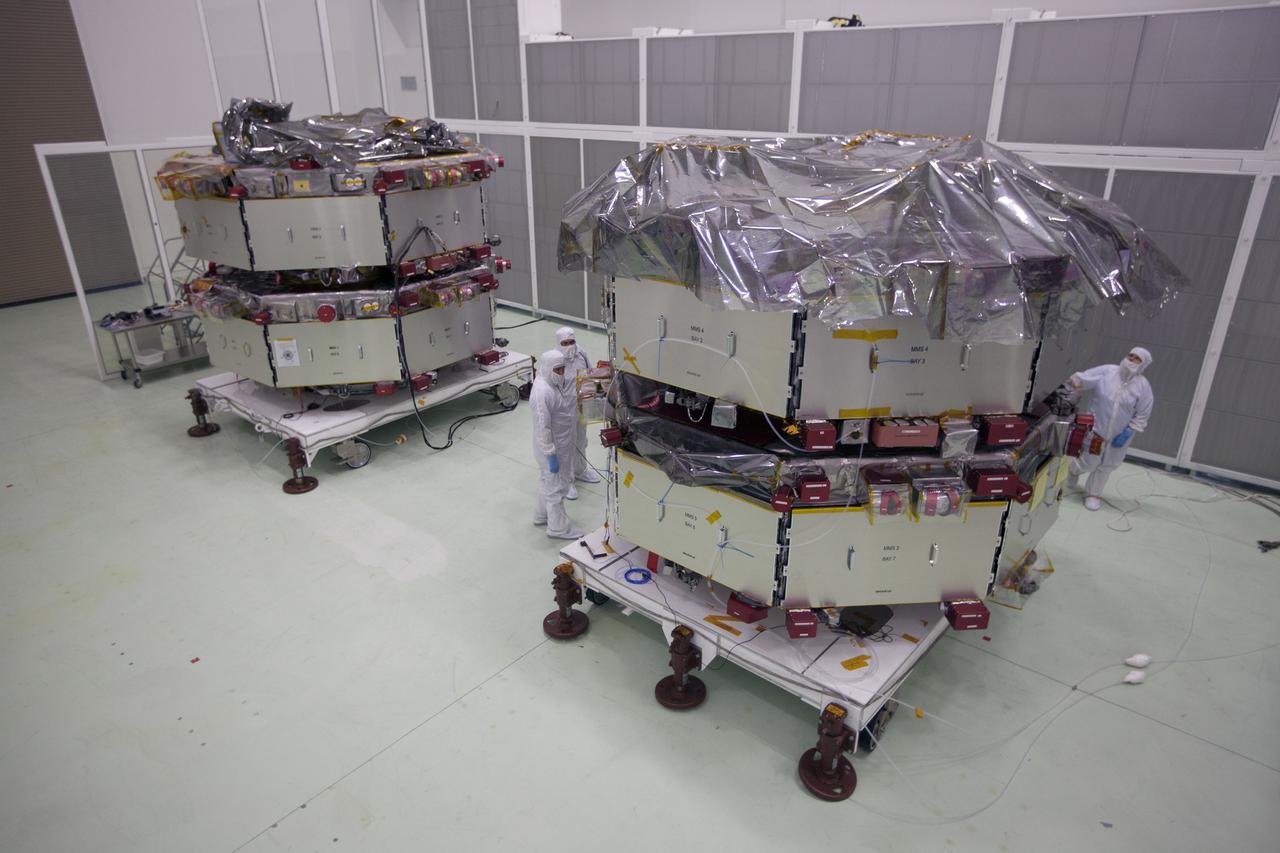 CAPE CANAVERAL, Fla. – The Magnetospheric Multiscale, or MMS, spacecraft will undergo final processing for launch now that all four are in the Building 1 high bay of the Astrotech payload processing facility in Titusville, Florida, near Kennedy Space Center. The two MMS spacecraft comprising the upper deck arrived Nov. 12; the two MMS spacecraft comprising the lower stack arrived Oct. 29. The Magnetospheric Multiscale mission is a Solar Terrestrial Probes mission comprising four identically instrumented spacecraft that will use Earth’s magnetosphere as a laboratory to study the microphysics of three fundamental plasma processes: magnetic reconnection, energetic particle acceleration and turbulence. Launch aboard a United Launch Alliance Atlas V rocket from Space Launch Complex 41 on Cape Canaveral Air Force Station is targeted for March 12, 2015. To learn more about MMS, visit http://mms.gsfc.nasa.gov.  Photo credit: NASA/Kim Shiflett