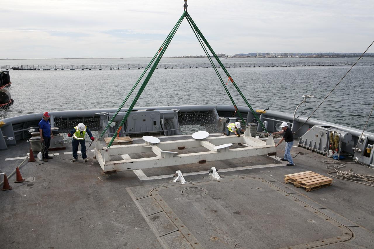 SAN DIEGO, Calif. – Ground support equipment for use during an alternate recovery method of the Orion crew module after its first flight test, if needed, is secured on the deck of the USNS Salvor, a salvage ship, at Naval Base San Diego in California. Before launch of Orion on a Delta IV Heavy rocket from Cape Canaveral Air Force Station in Florida, NASA, Lockheed Martin and U.S. Navy personnel will head out to sea in the USS Anchorage and the USNS Salvor and wait for splashdown of the Orion crew module in the Pacific Ocean. The GSDO Program will lead the recovery efforts. Orion is the exploration spacecraft designed to carry astronauts to destinations not yet explored by humans, including an asteroid and Mars. It will have emergency abort capability, sustain the crew during space travel and provide safe re-entry from deep space return velocities. The first unpiloted flight test of Orion is scheduled to launch in December atop a United Launch Alliance Delta IV Heavy rocket and in 2018 on NASA’s Space Launch System rocket. For more information, visit http://www.nasa.gov/orion. Photo credit: NASA/Dimitri Gerondidakis