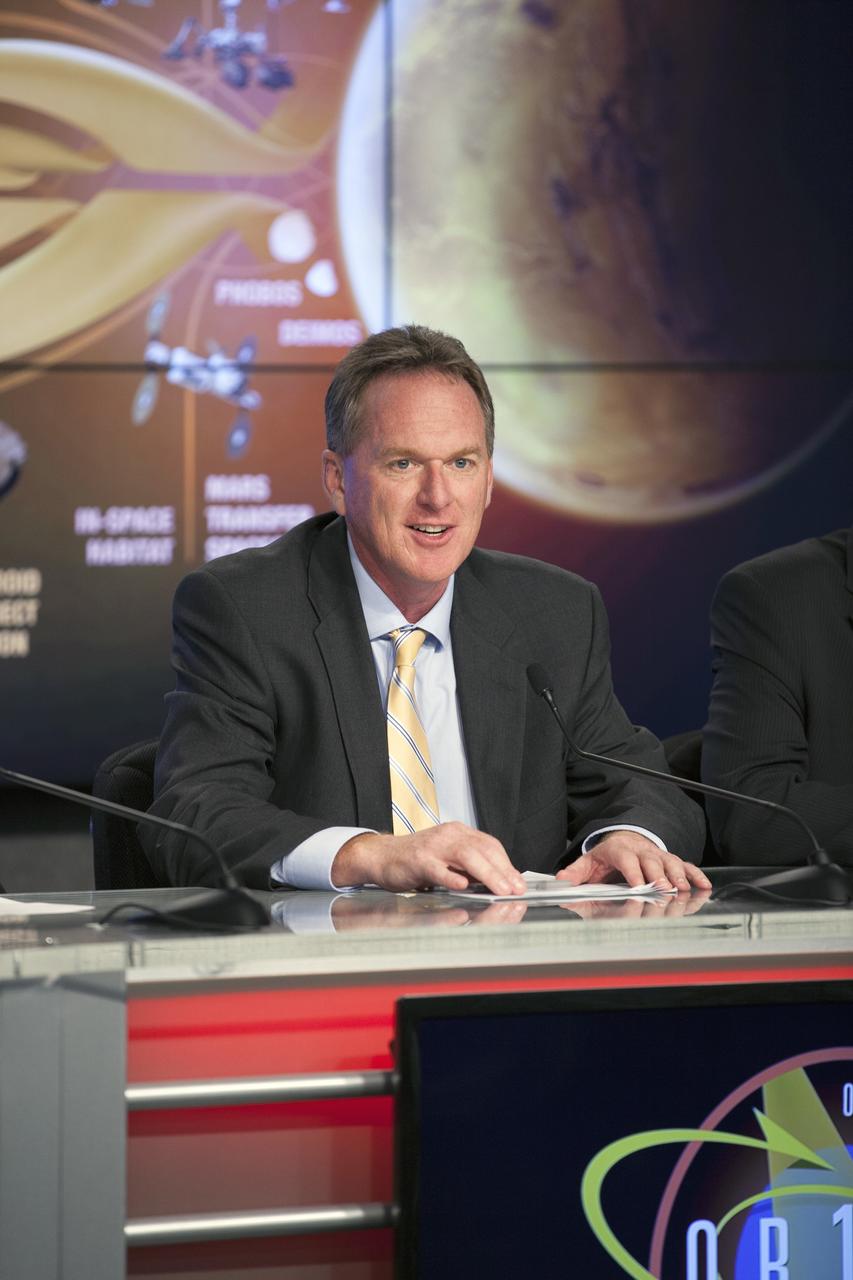 CAPE CANAVERAL, Fla. – At NASA's Kennedy Space Center in Florida, Mike Bolger, program manager of Ground Systems Development and Operations Program, was one of several agency leaders who spoke to member of the news media about how the first flight of the new Orion spacecraft is a first step in the agency's plans to send humans to Mars.    Orion is the exploration spacecraft designed to carry astronauts to destinations not yet explored by humans, including an asteroid and Mars. It will have emergency abort capability, sustain the crew during space travel and provide safe re-entry from deep space return velocities. The first unpiloted flight test of Orion is scheduled to launch Dec. 4, 2014 atop a United Launch Alliance Delta IV Heavy rocket, and in 2018 on NASA’s Space Launch System rocket. For more information, visit www.nasa.gov/orion Photo credit: NASA/Kim Shiflett