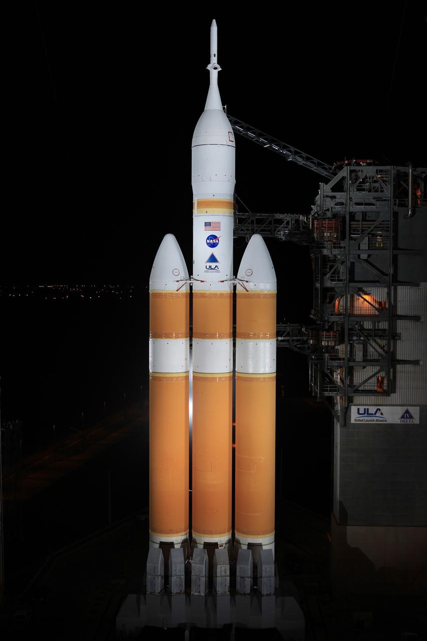 CAPE CANAVERAL, Fla. – The launch gantry is rolled back to reveal NASA's Orion spacecraft mounted atop a United Launch Alliance Delta IV Heavy rocket at Cape Canaveral Air Force Station's Space Launch Complex 37. Orion is NASA’s new spacecraft built to carry humans, designed to allow us to journey to destinations never before visited by humans, including an asteroid and Mars. For more information, visit www.nasa.gov/orion Photo credit: NASA/Kim Shiflett