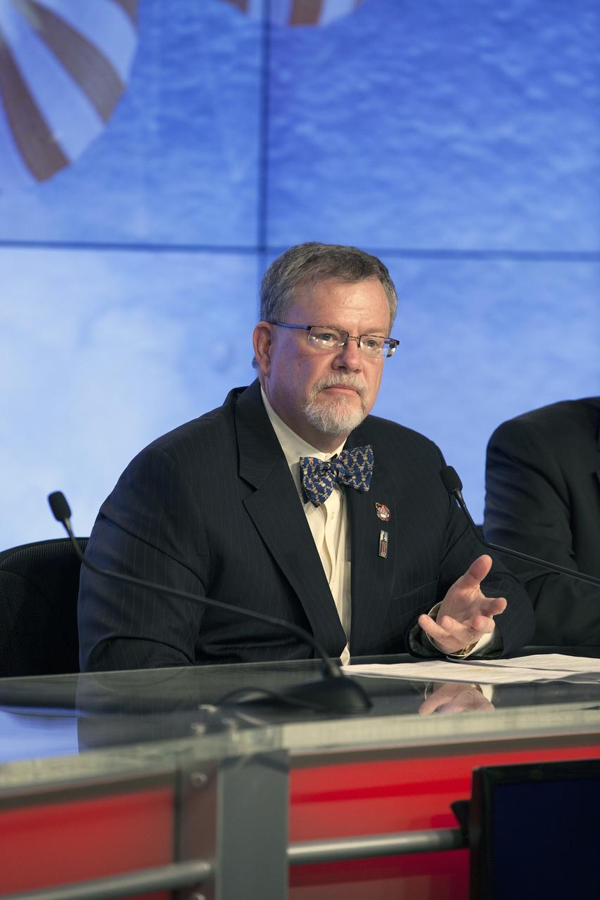 CAPE CANAVERAL, Fla. – In the Kennedy Space Center’s Press Site auditorium, Mike Hawes, Lockheed Martin Orion Program manager, was among agency and industry leaders who spoke to members of the news media as the Orion spacecraft and its Delta IV Heavy rocket were being prepared for launch. Orion is the exploration spacecraft designed to carry astronauts to destinations not yet explored by humans, including an asteroid and Mars. It will have emergency abort capability, sustain the crew during space travel and provide safe re-entry from deep space return velocities. The first unpiloted flight test of Orion is scheduled to launch Dec. 4, 2014 atop a United Launch Alliance Delta IV Heavy rocket, and in 2018 on NASA’s Space Launch System rocket. For more information, visit www.nasa.gov/orion Photo credit: NASA/Kim Shiflett