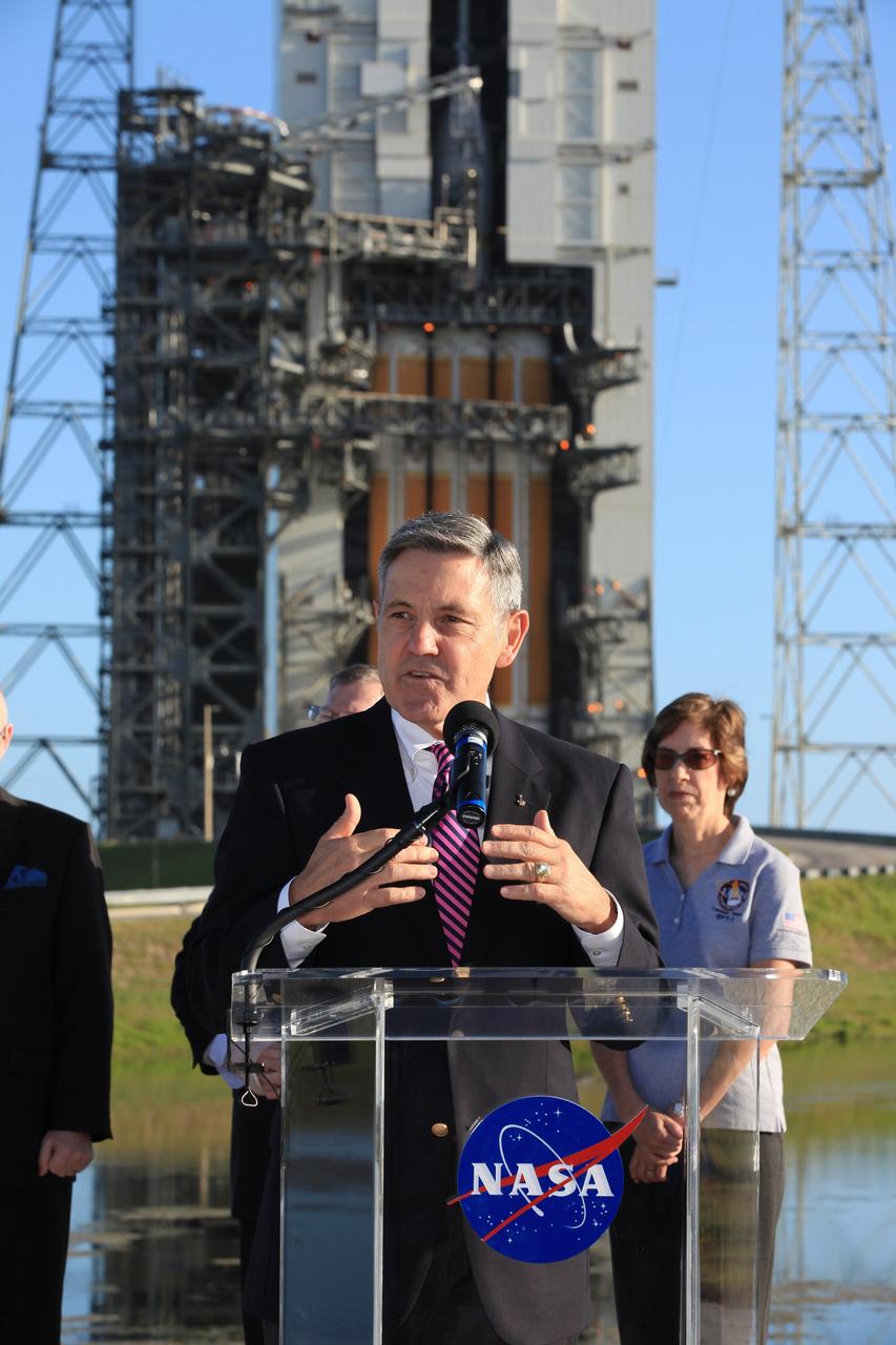 CAPE CANAVERAL, Fla. – At Cape Canaveral Air Force Station's Launch Complex 37, Kennedy Space Center Director Bob Cabana speaks to members of the news media as the Orion spacecraft and its United Launch Alliance Delta IV Heavy rocket were being prepared for launch. On the right, behind Cabana is Johnson Space Center Director Ellen Ochoa. For more information, visit www.nasa.gov/orion. Photo credit: NASA/Kim Shiflett