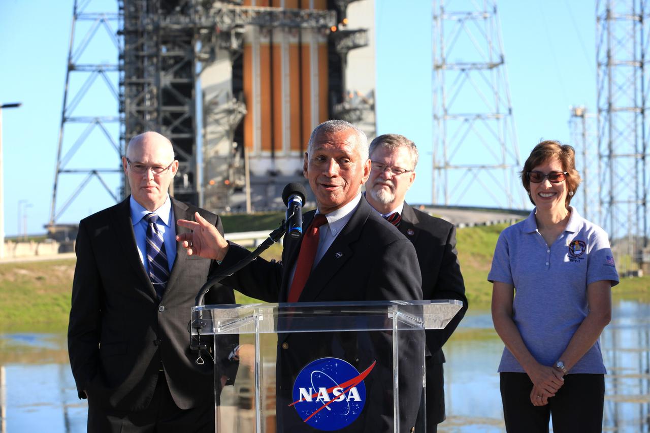 CAPE CANAVERAL, Fla. – At Cape Canaveral Air Force Station's Launch Complex 37, NASA Administrator Charlie Bolden speaks to members of the news media as the Orion spacecraft and its United Launch Alliance Delta IV Heavy rocket were being prepared for launch. Behind Bolden, from the left, are United Launch Alliance CEO Tory Bruno, Lockheed Martin Orion Program manager Mike Hawes and Johnson Space Center Director Ellen Ochoa. For more information, visit www.nasa.gov/orion. Photo credit: NASA/Kim Shiflett