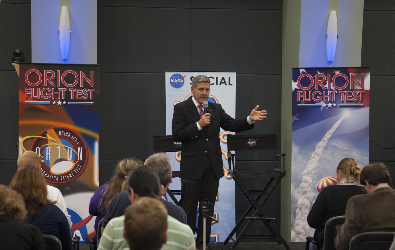 CAPE CANAVERAL, Fla. – At NASA's Kennedy Space Center in Florida, NASA leaders spoke to social media participants as the Orion spacecraft and its Delta IV Heavy rocket were being prepared for launch. Speakers included Kennedy Space Center Director Bob Cabana. For more information, visit www.nasa.gov/orion Photo credit: NASA/Jim Grossman